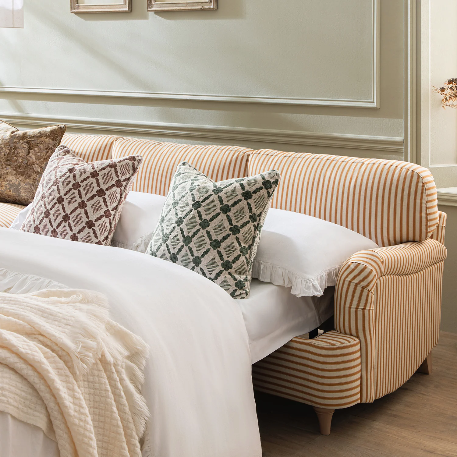 Daphnis Ochre Striped Linen Blend Sofa Bed, Grande Chaise Left Hand Facing - Image 4