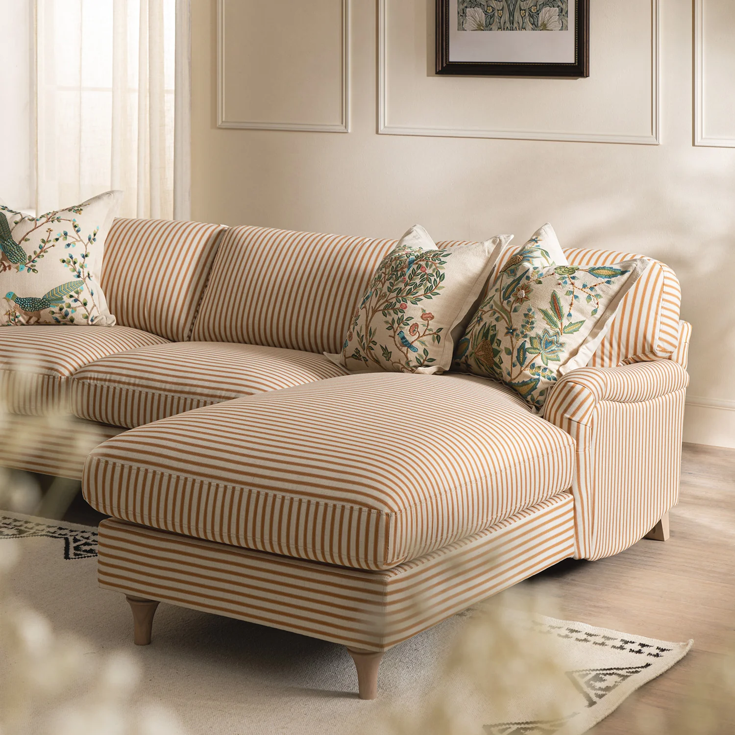 Daphnis Ochre Striped Linen Blend Sofa, Grande Chaise Sofa Right Hand Facing - Image 5
