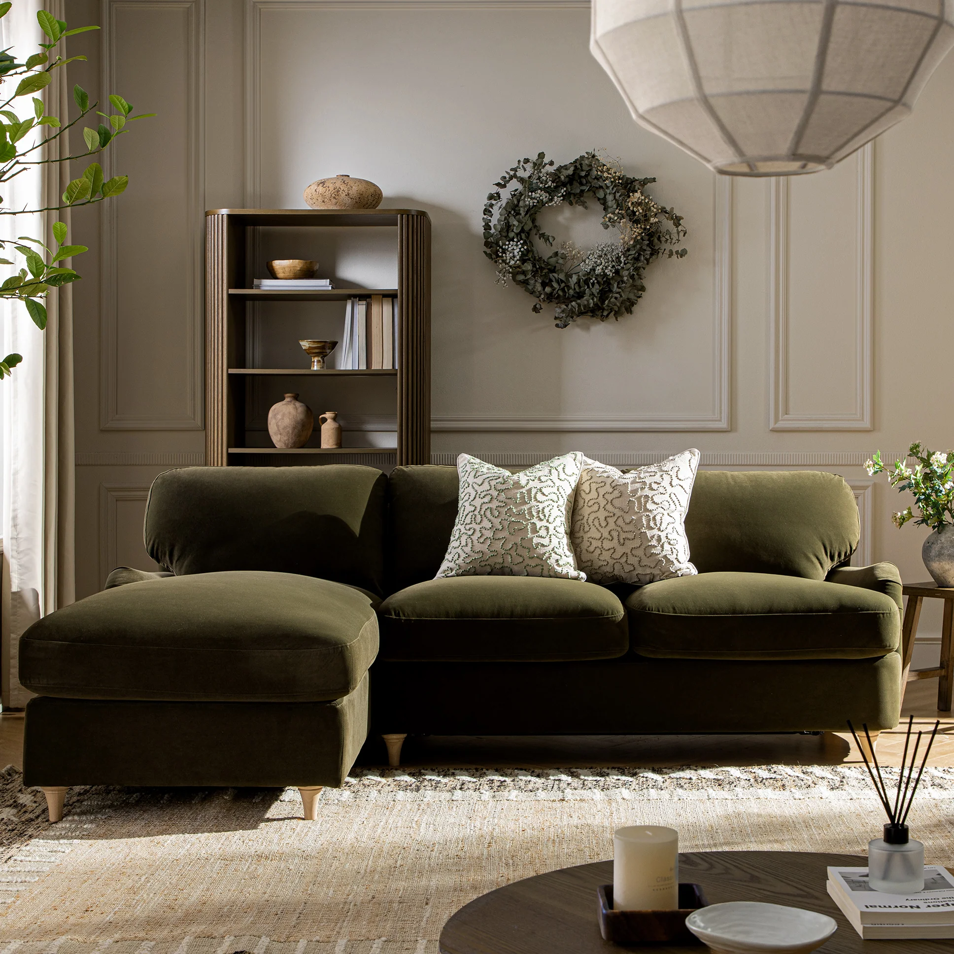 Daphnis Seaweed Velvet Sofa Bed, Grande Chaise Left Hand Facing - Image 3