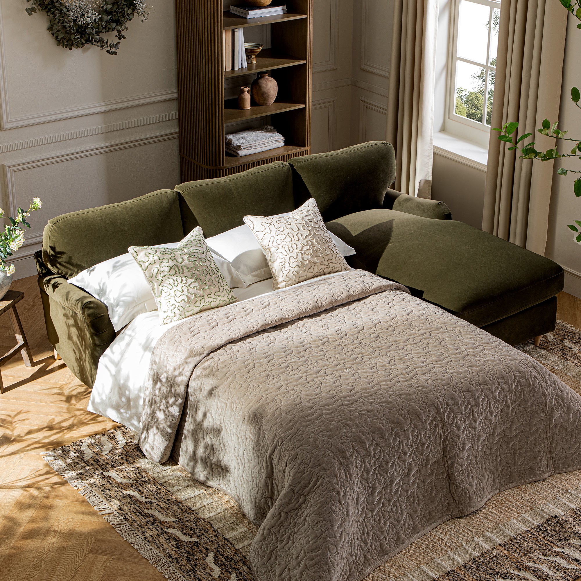 Daphnis Seaweed Velvet Sofa Bed, Grande Chaise Right Hand Facing - Image 2