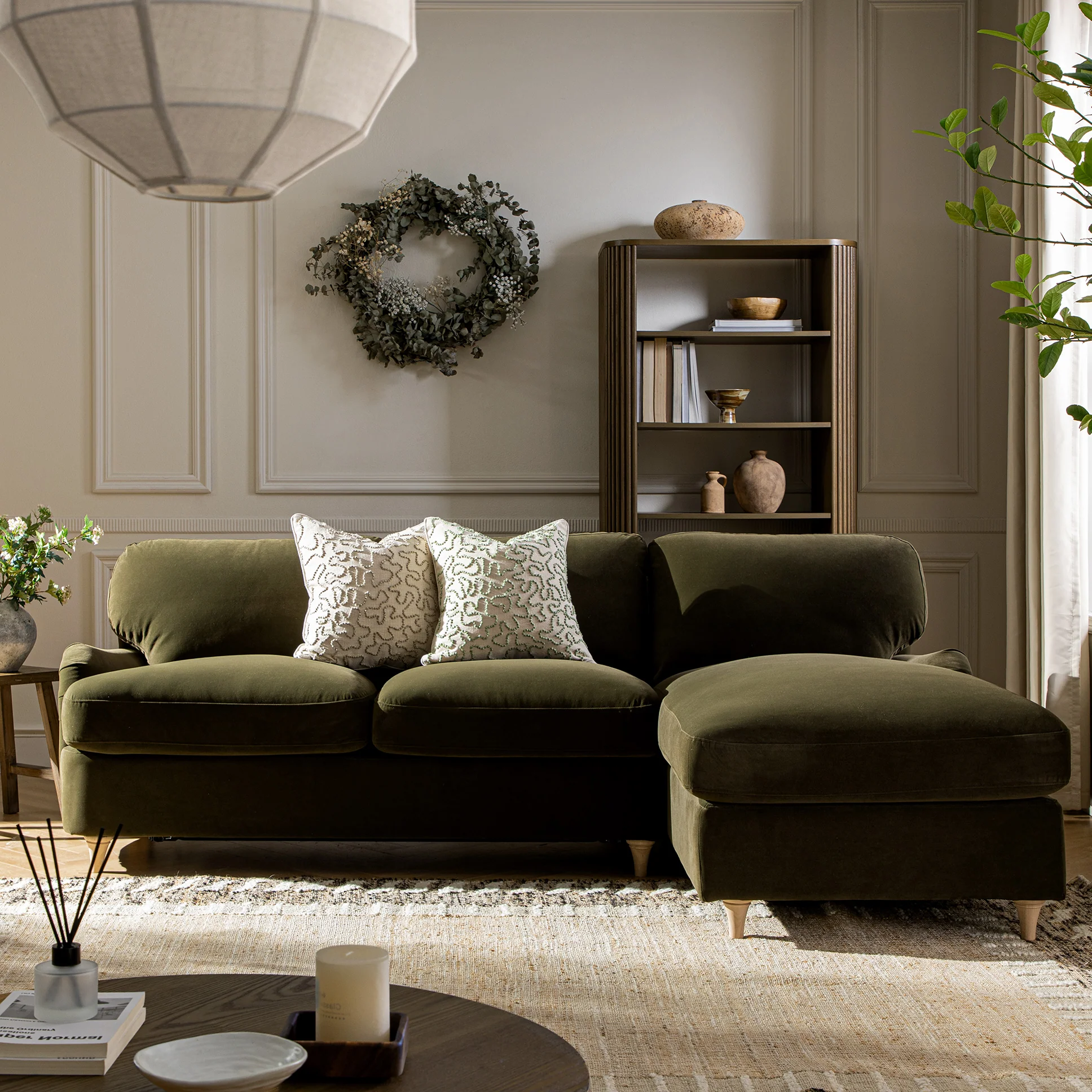 Daphnis Seaweed Velvet Sofa Bed, Grande Chaise Right Hand Facing - Image 4