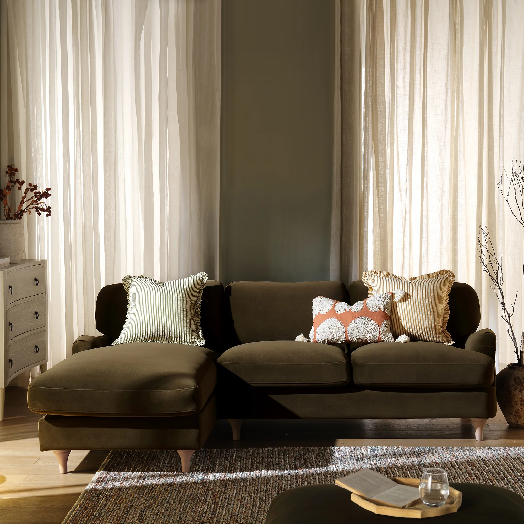 Daphnis Seaweed Velvet Sofa, Grande Chaise Sofa Left Hand Facing - Image 2
