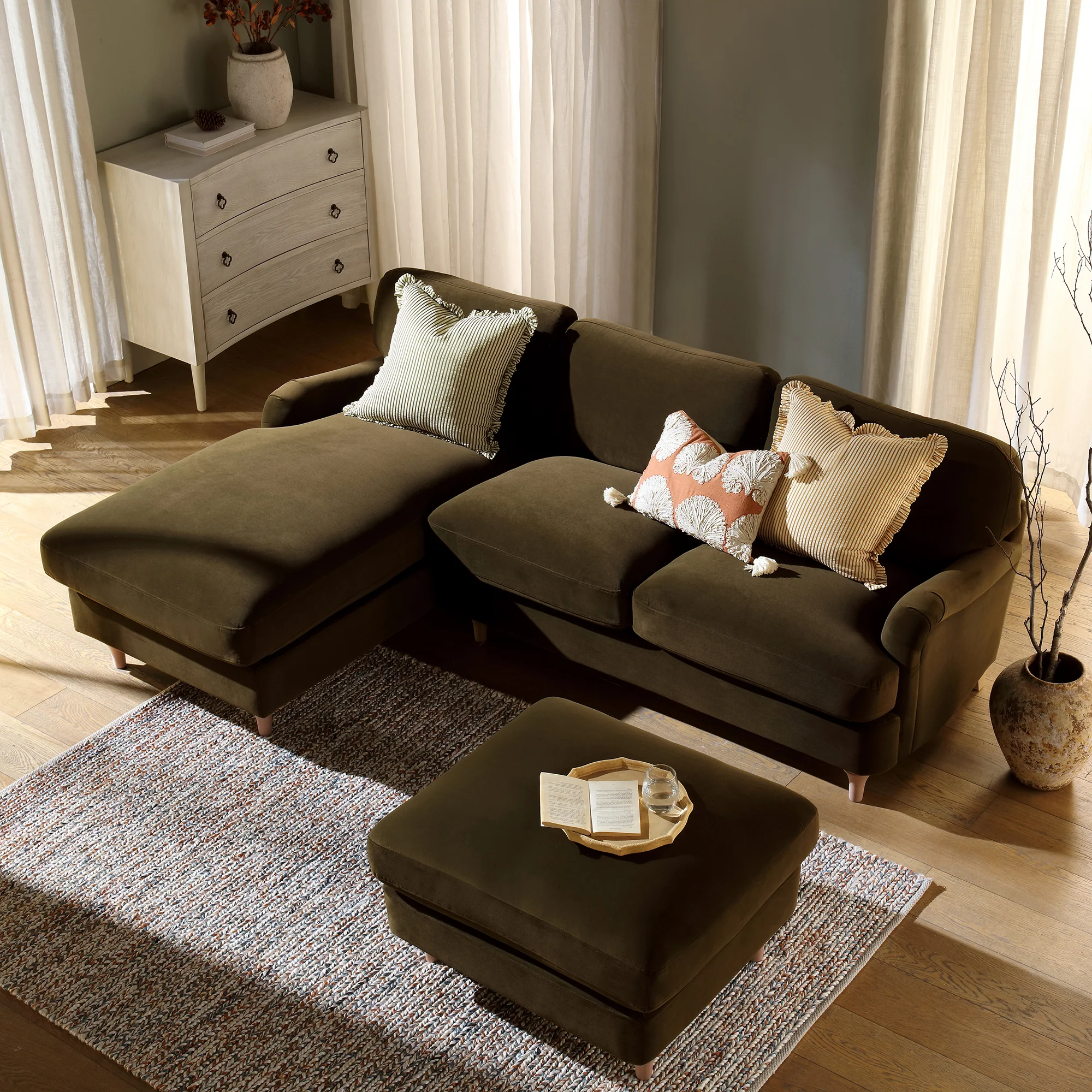 Daphnis Seaweed Velvet Sofa, Grande Chaise Sofa Left Hand Facing - Image 3