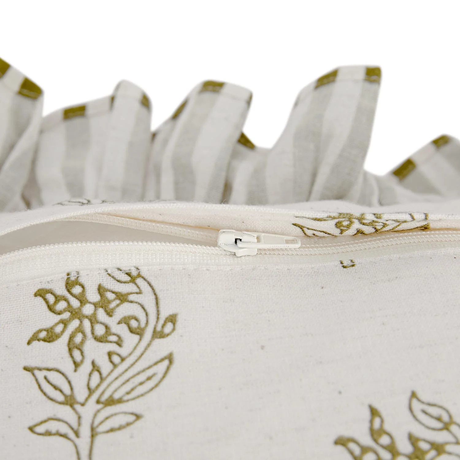 Darcy Floral Olive Green Embroidered Ruffle Linen Blend Cushion - Image 5