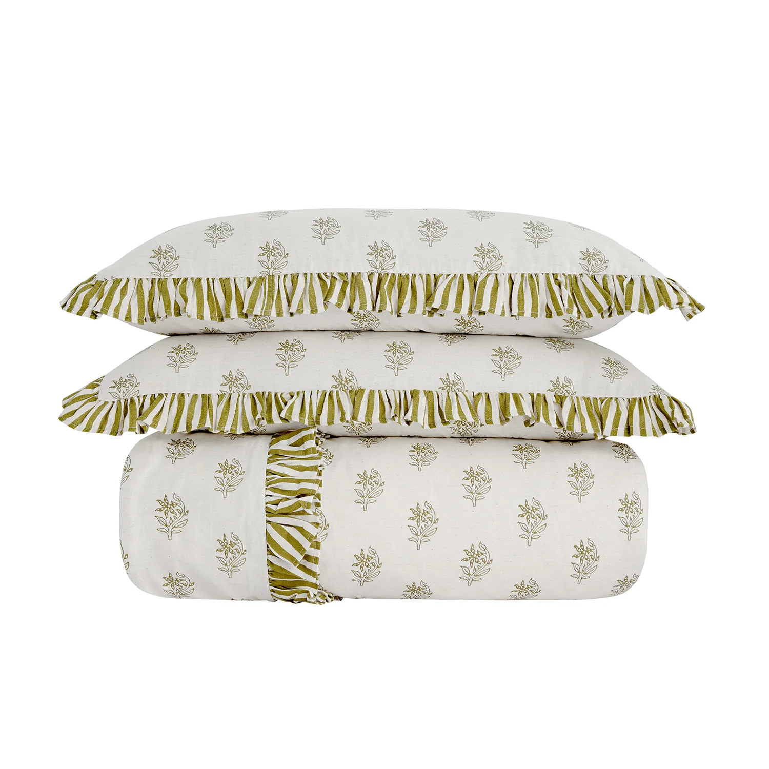 Darcy Floral Olive Green Ruffle Linen Blend Duvet Set - Image 2