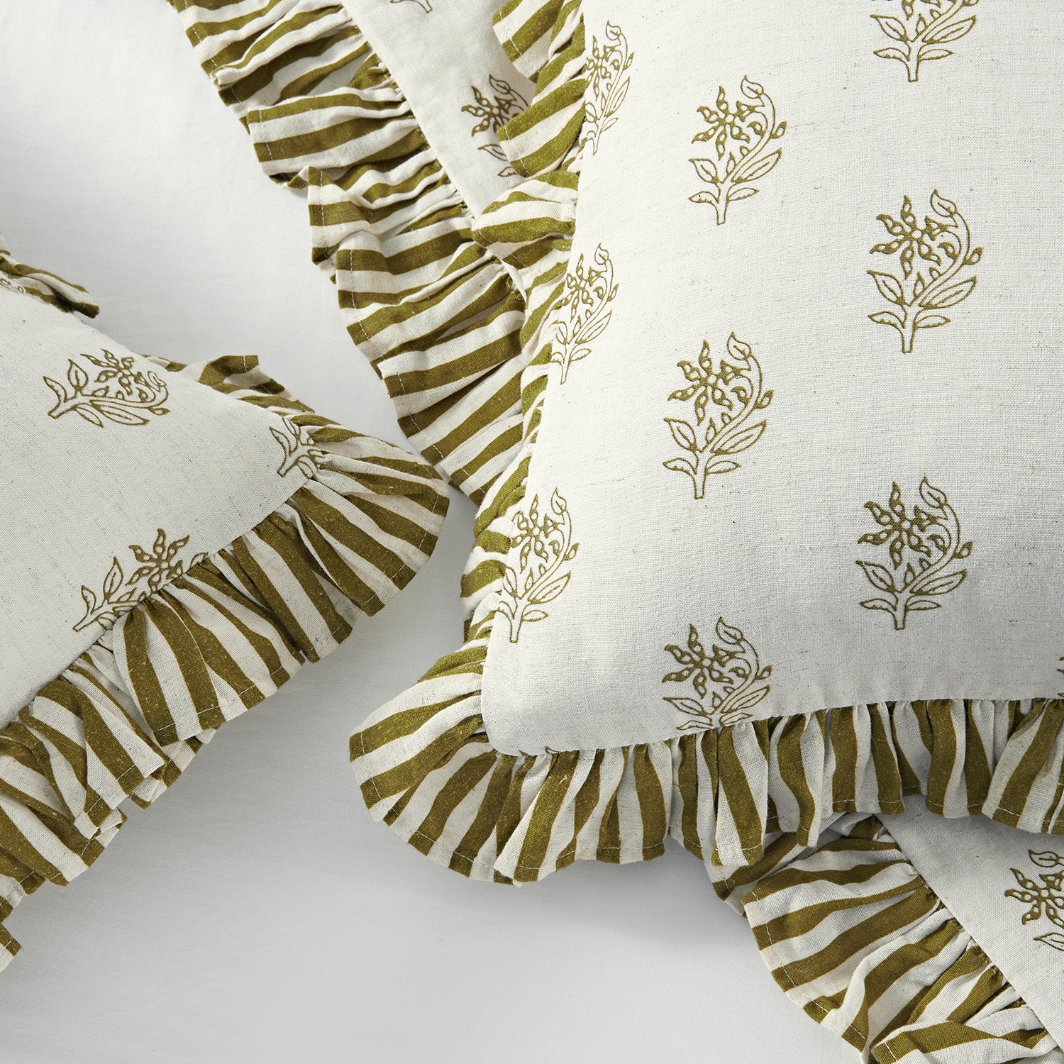 Darcy Floral Olive Green Ruffle Linen Blend Pillowcases - Pair - Image 5
