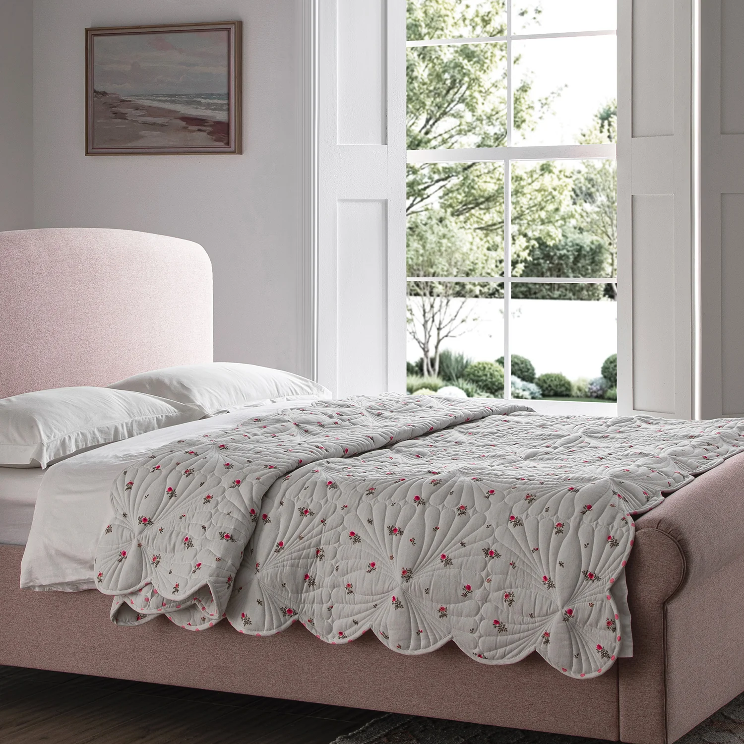 Darcy Rose Ivory White Scallop Quilted Linen Blend Bedspread - Image 3