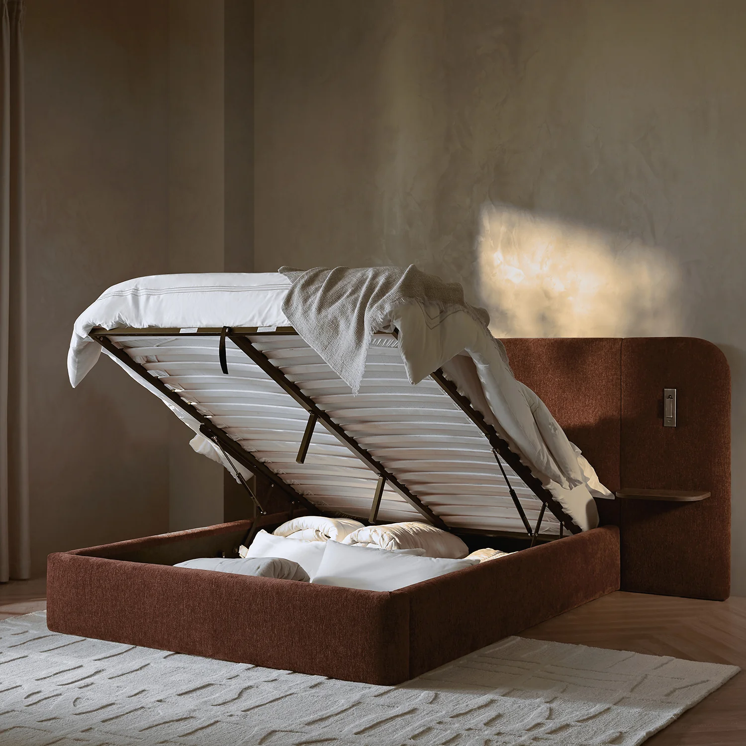 Della Extended Headboard Storage Bed, Burnt Brick Chenille - Image 3