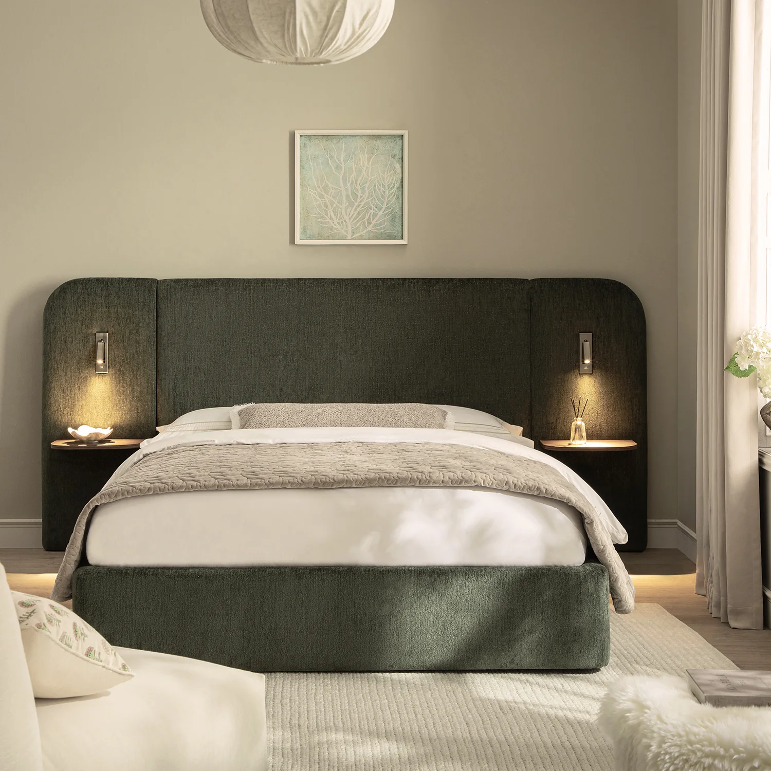 Della Extended Headboard Storage Bed, Moss Green Chenille
