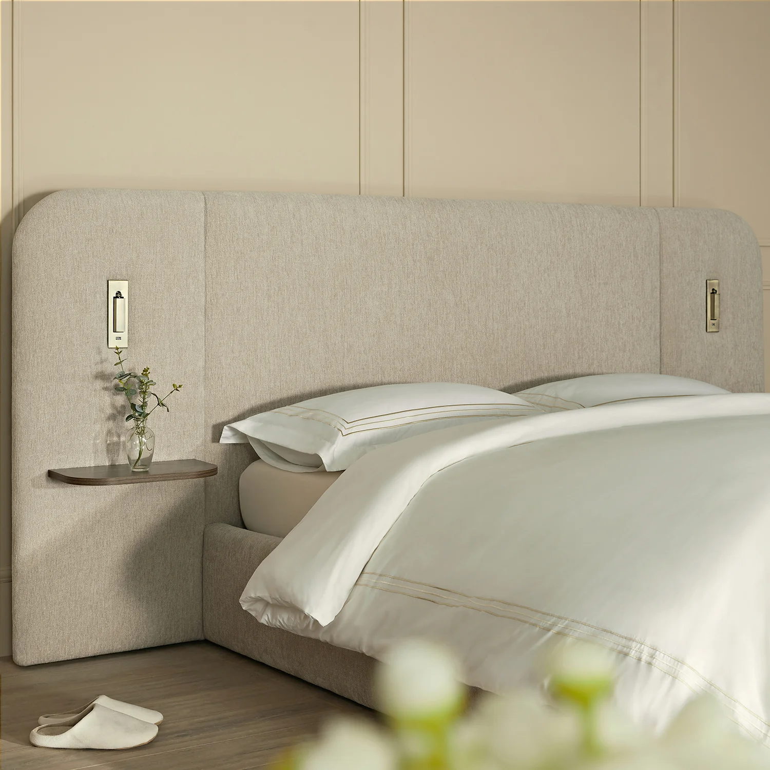 Della Extended Headboard Storage Bed, Soft Beige Chenille - Image 6