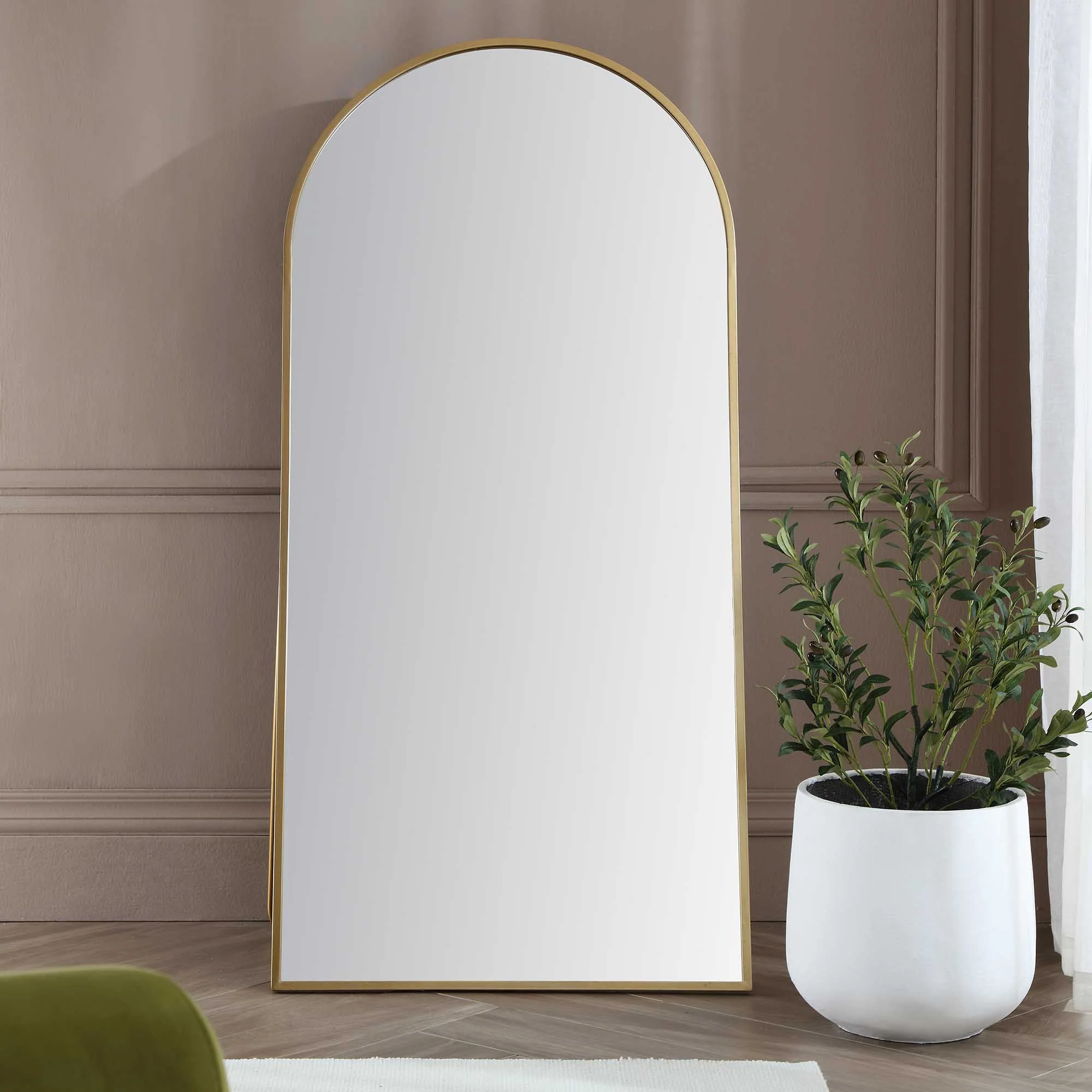Dina Freestanding Arched Full Length Metal Frame Mirror 160 x 76 cm, Gold Effect - Image 2