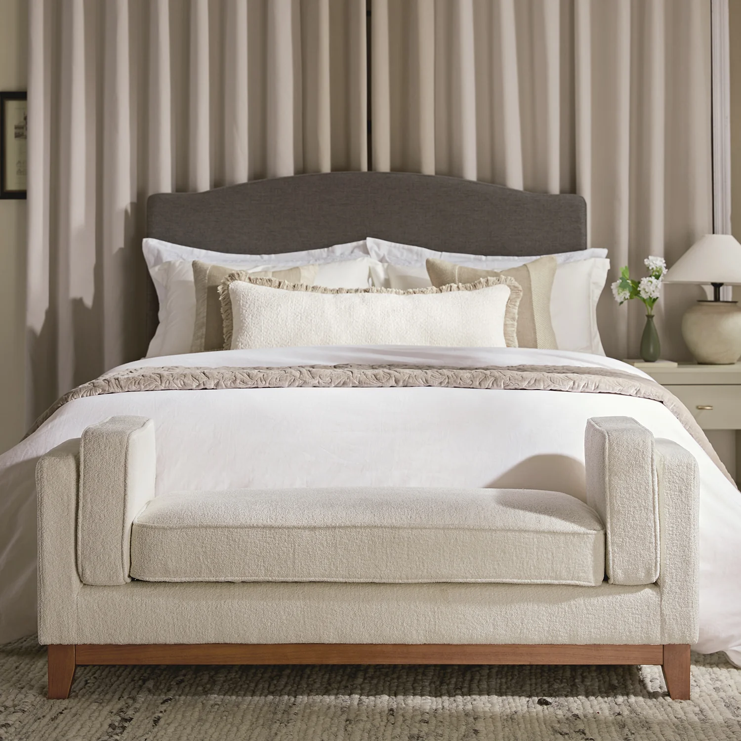 Dipley Beige Boucle Upholstered Bench - Image 2