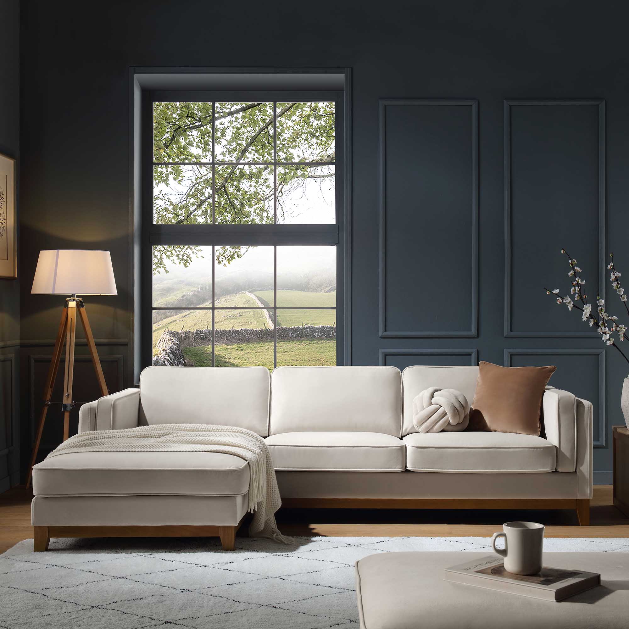 Dipley Champagne Velvet Sofa, Grande Chaise Sofa Left Hand Facing - Image 2