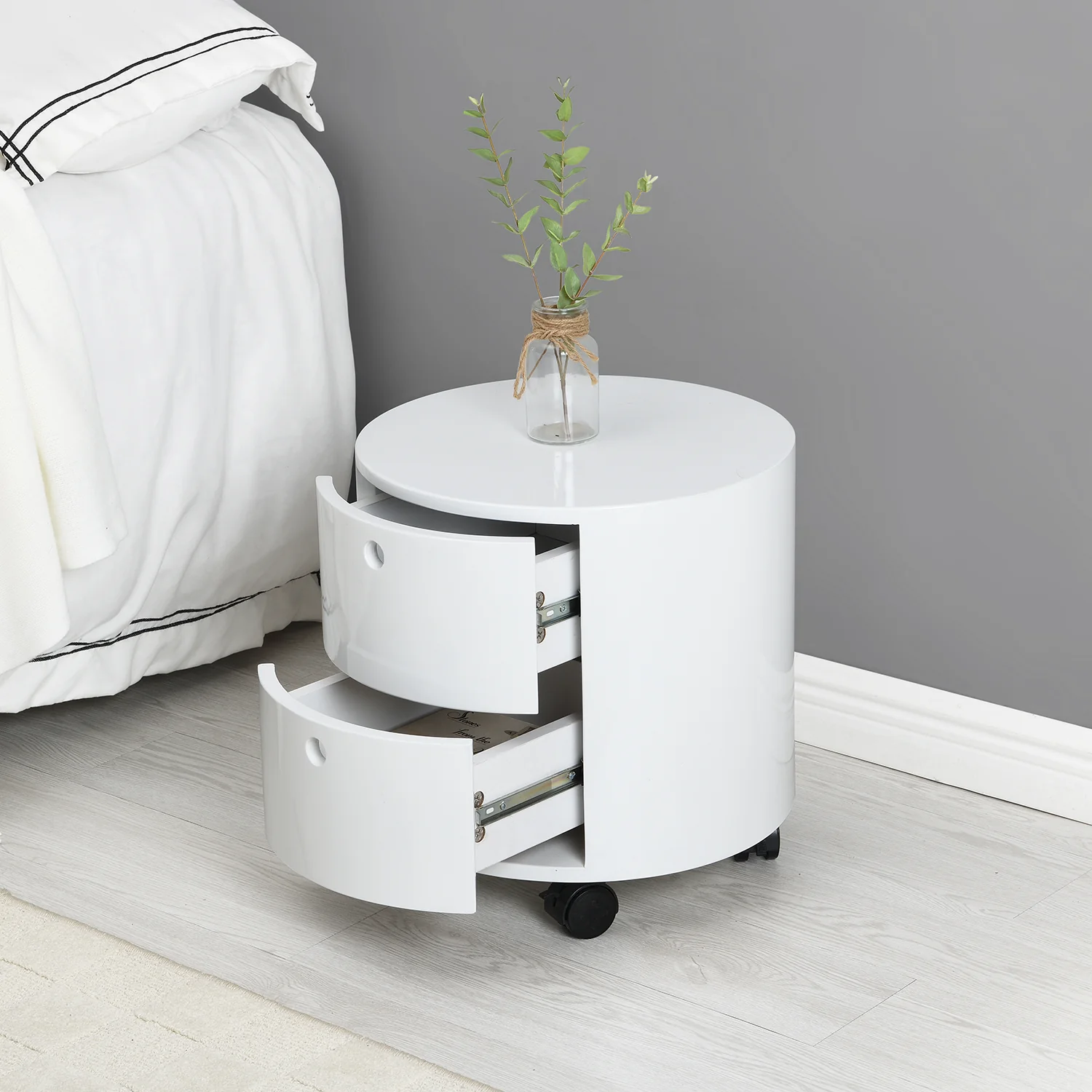 DOLIO Drum Chest Bedside Table, Barrel Side Table with Drawers High Gloss White 2 Drawer - Image 2