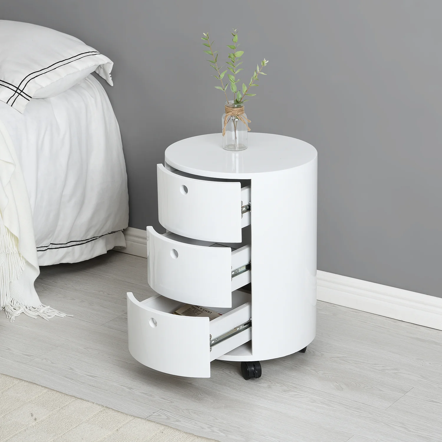 DOLIO Drum Chest Bedside Table, Barrel Side Table with Drawers High Gloss White 3 Drawer - Image 2