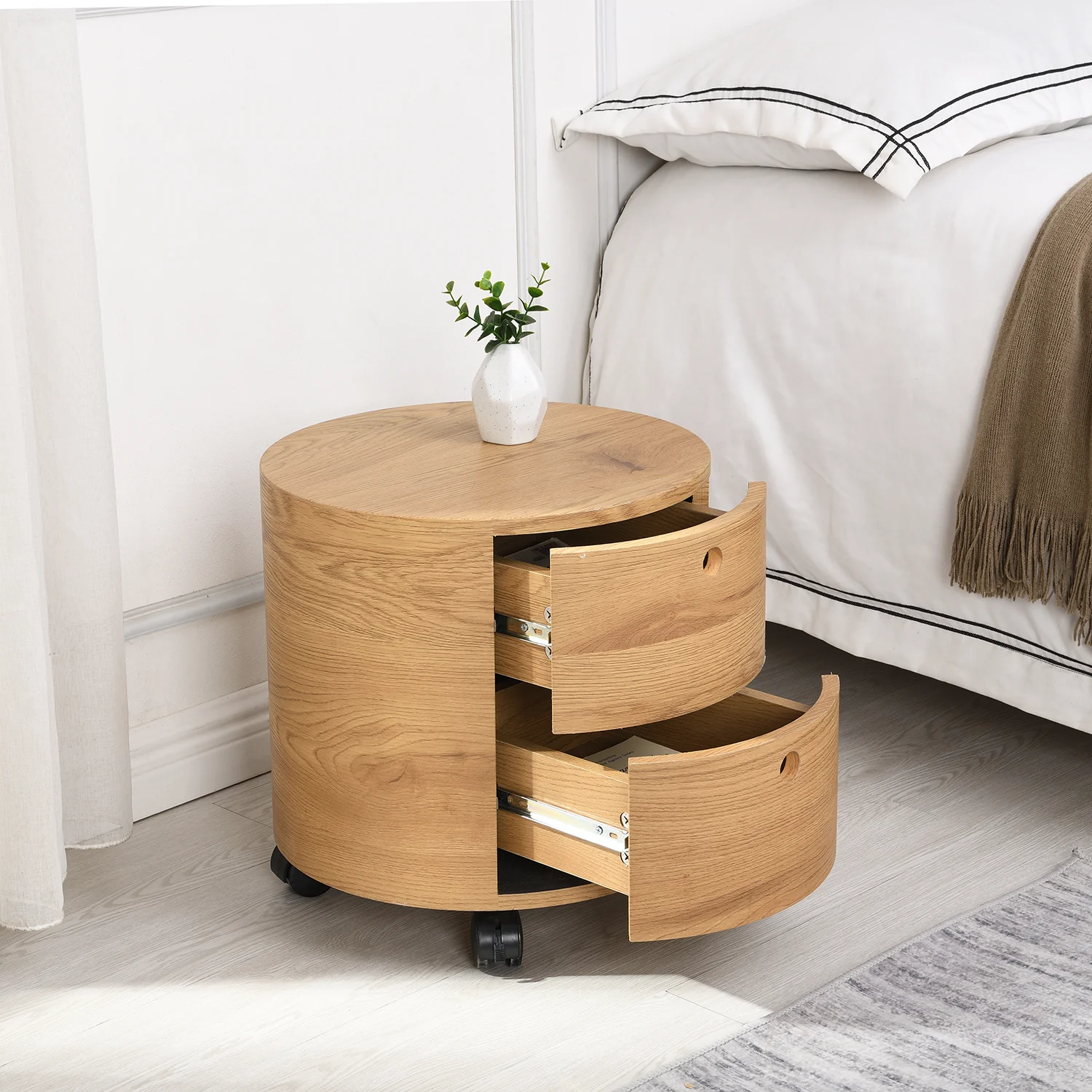 DOLIO Drum Chest Bedside Table, Barrel Side Table with Drawers Oak 2 Drawer - Image 2