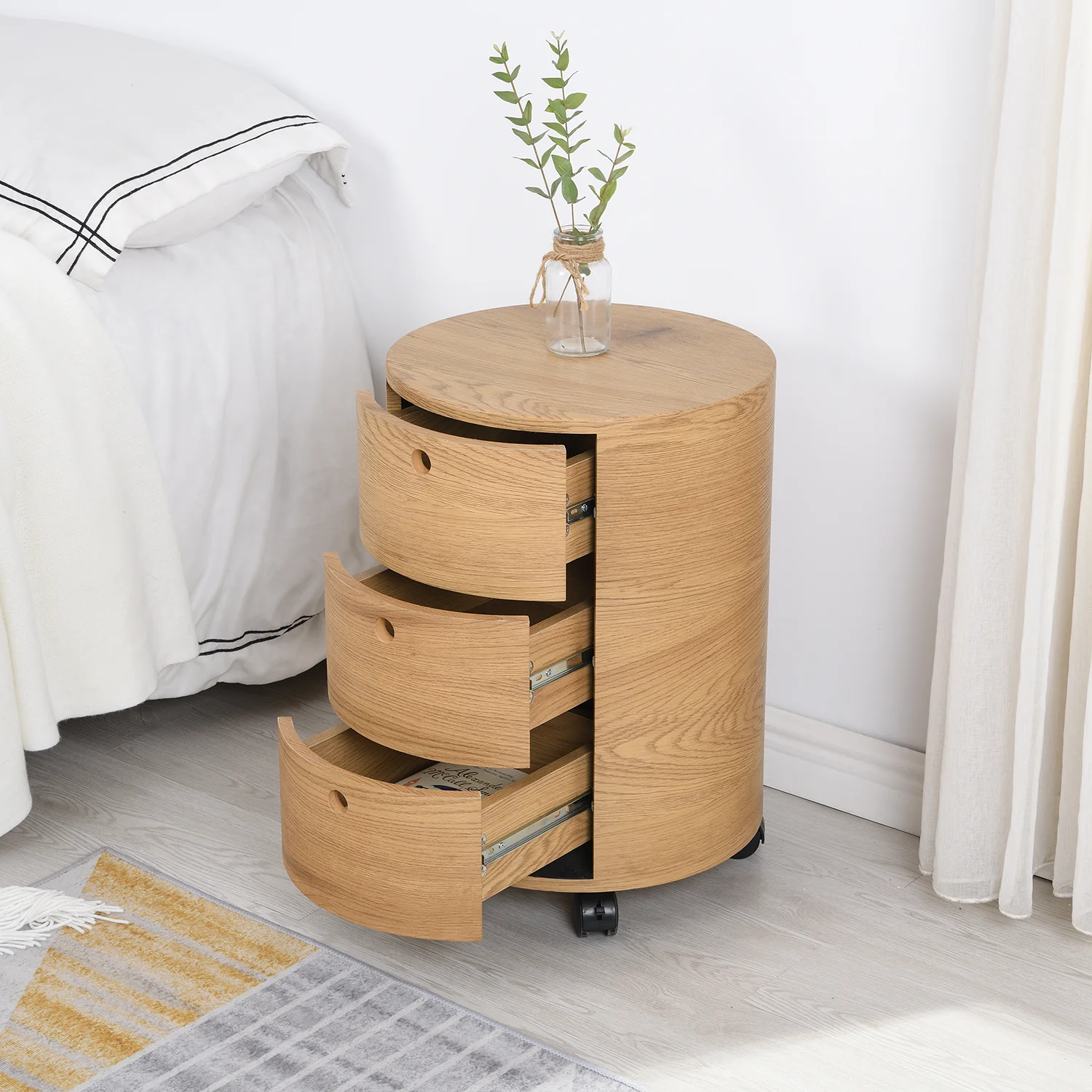 DOLIO Drum Chest Bedside Table, Barrel Side Table with Drawers Oak 3 Drawer - Image 2