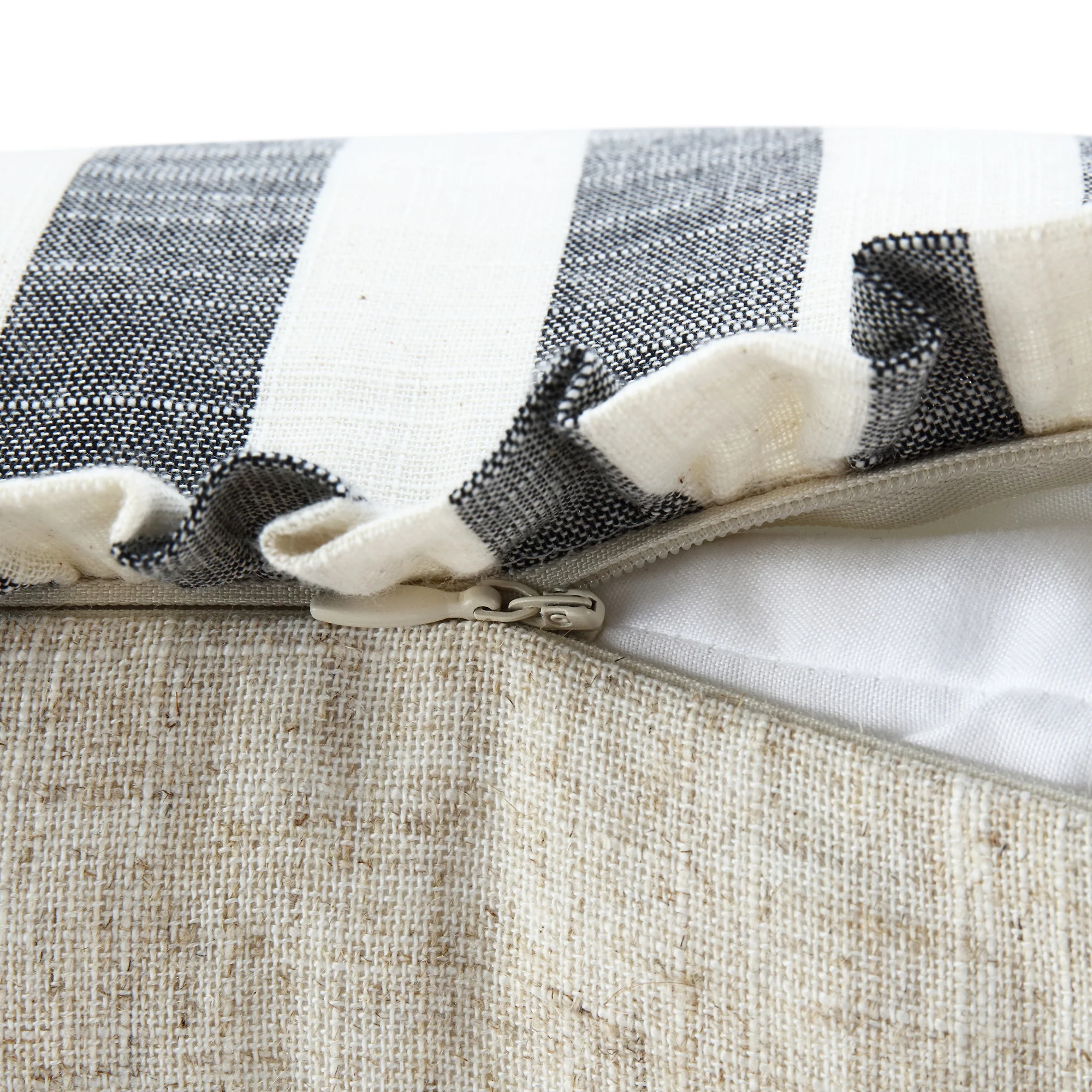 Edith Reversible Linen Blend Black Striped Frill Cushion - Image 11