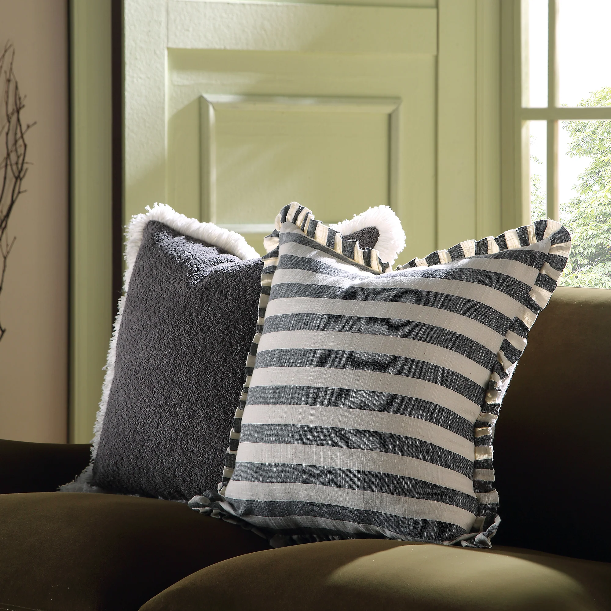 Edith Reversible Linen Blend Black Striped Frill Cushion - Image 2