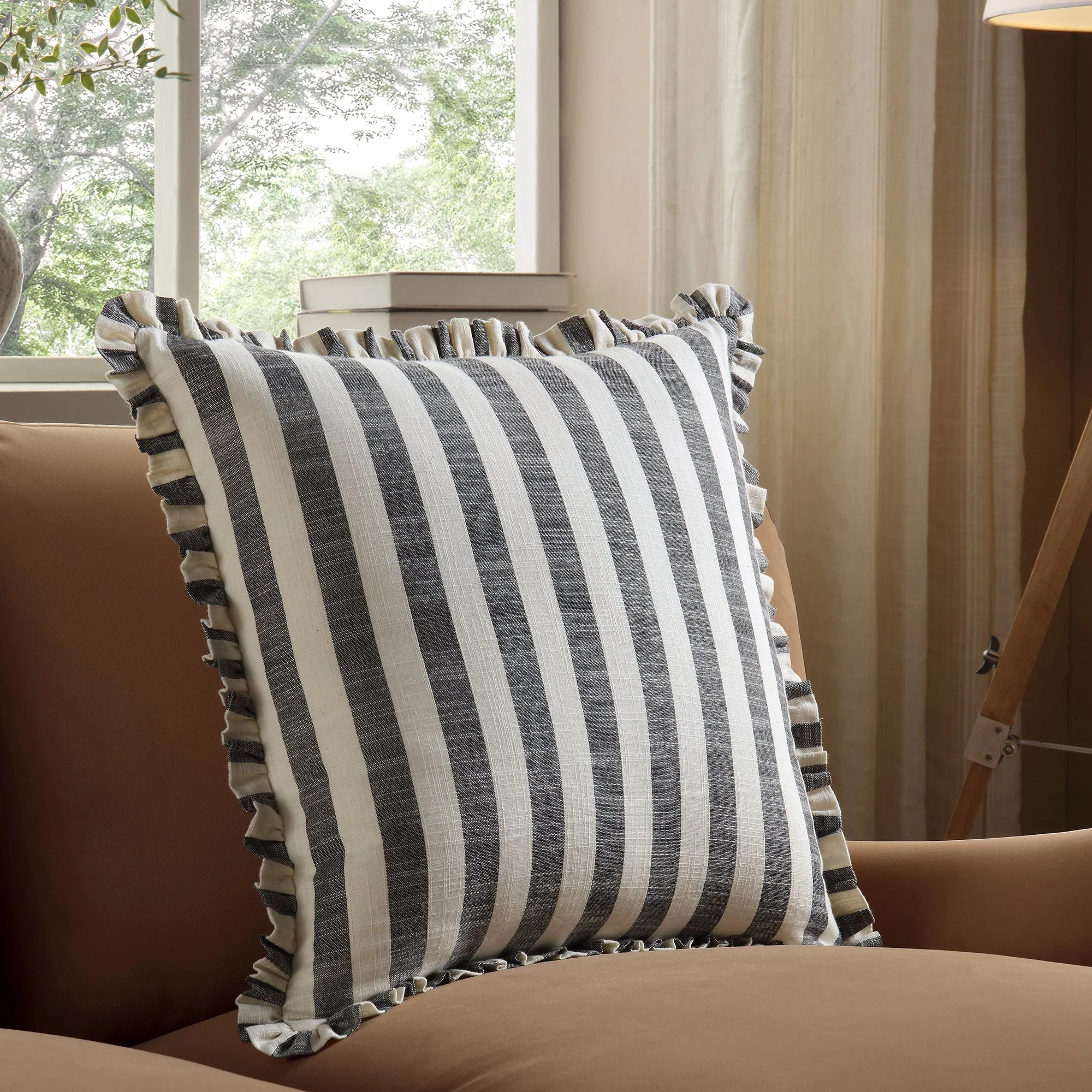 Edith Reversible Linen Blend Black Striped Frill Cushion - Image 4