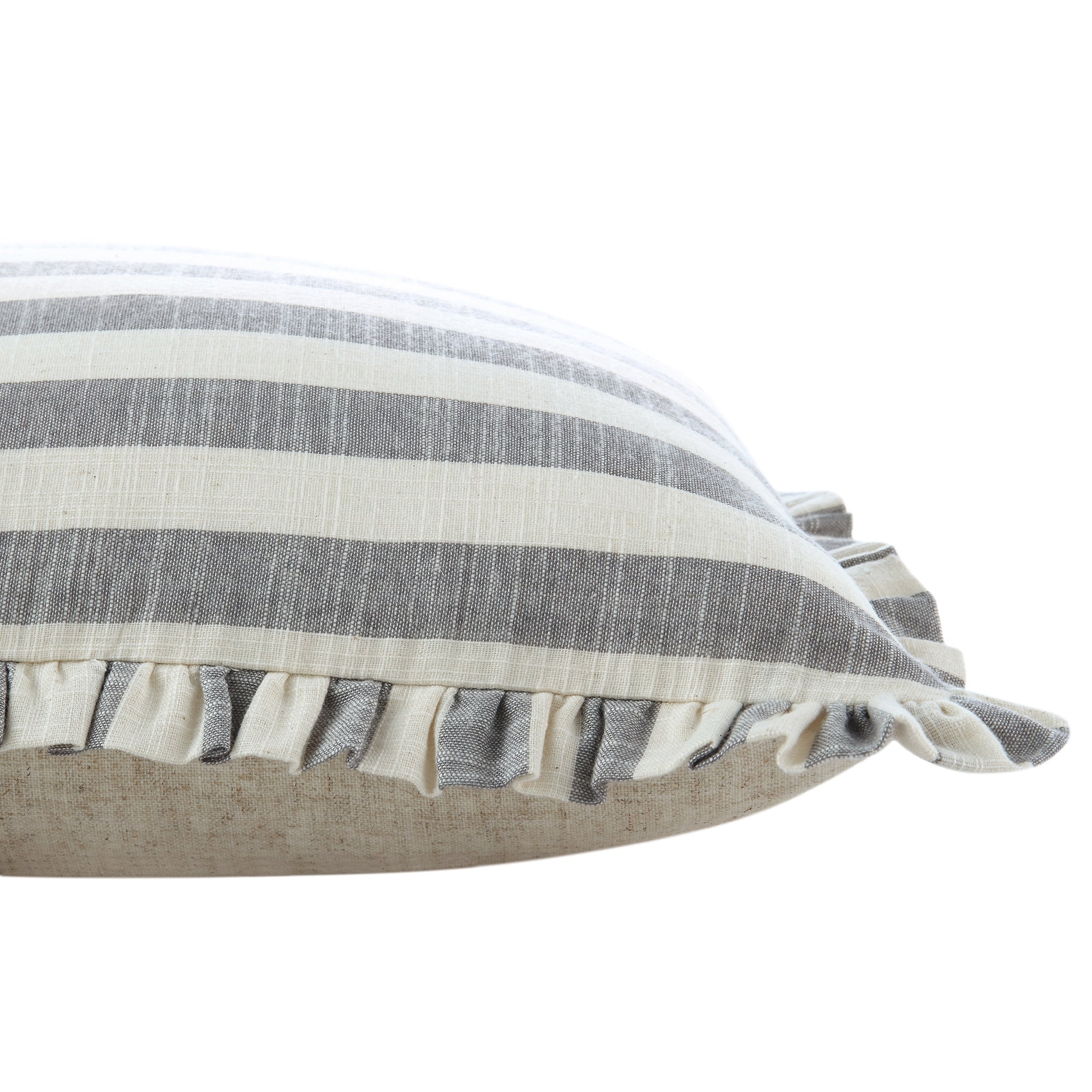 Edith Reversible Linen Blend Faded Denim Blue Striped Frill Cushion - Image 5