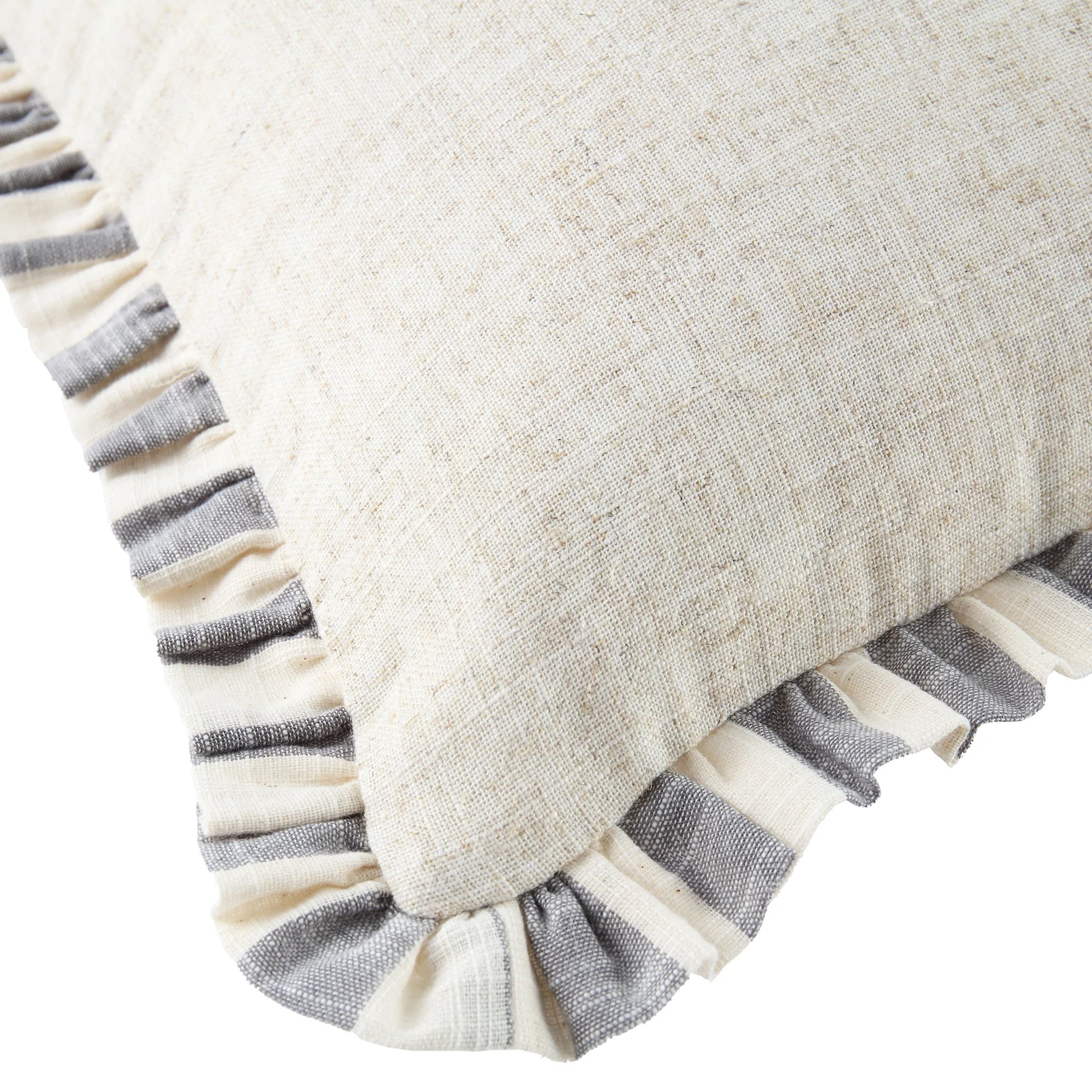 Edith Reversible Linen Blend Faded Denim Blue Striped Frill Cushion - Image 7