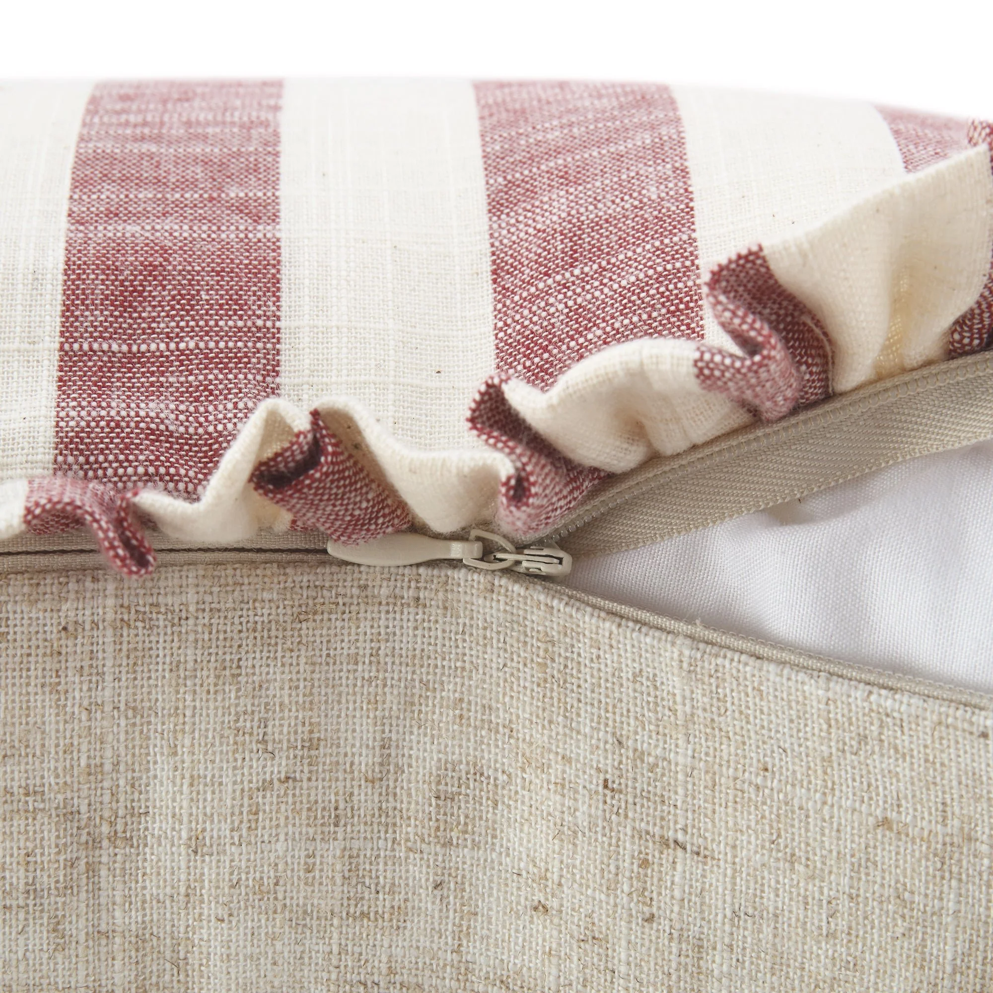Edith Reversible Linen Blend Red Striped Frill Cushion - Image 7