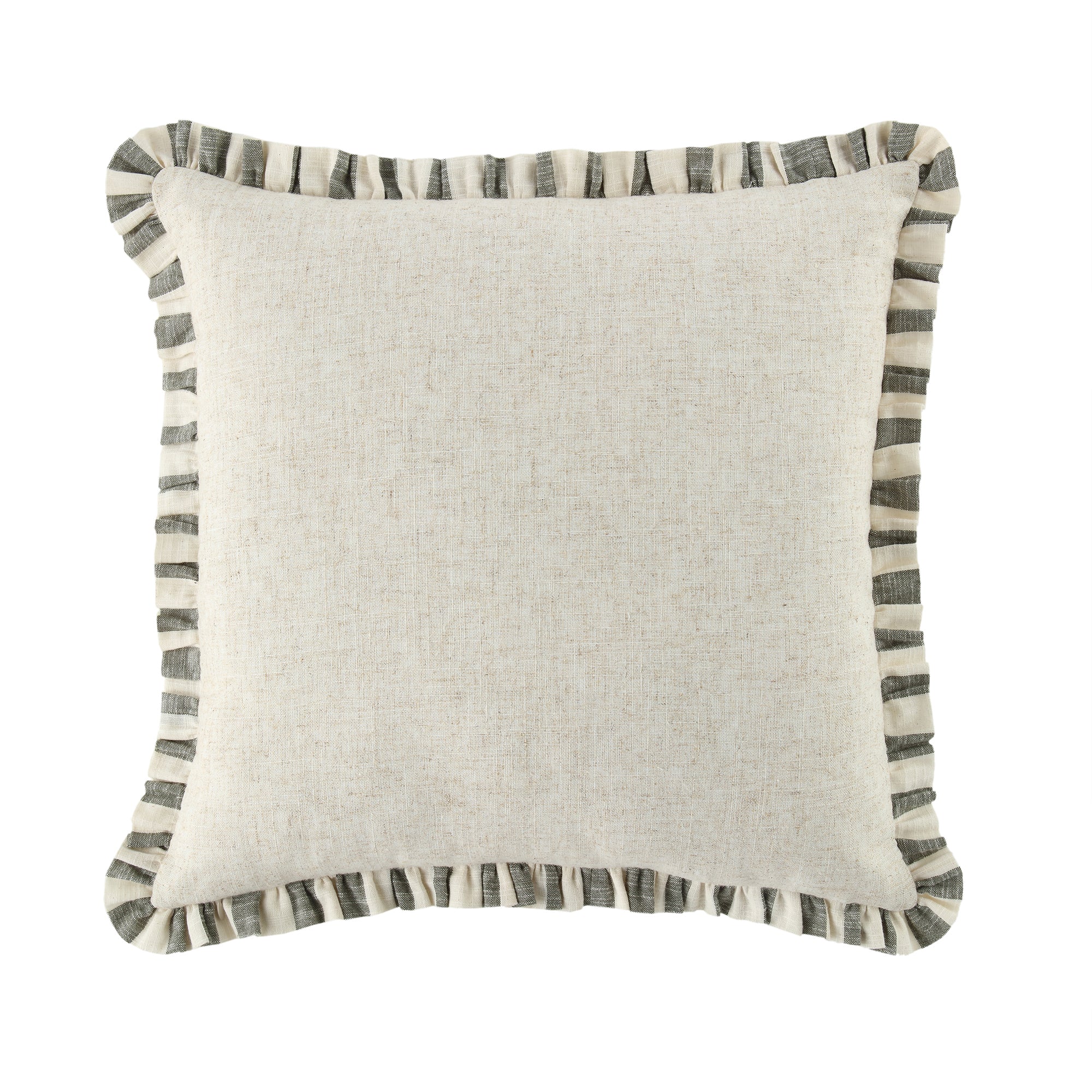 Edith Reversible Linen Blend Sage Green Striped Frill Cushion - Image 2
