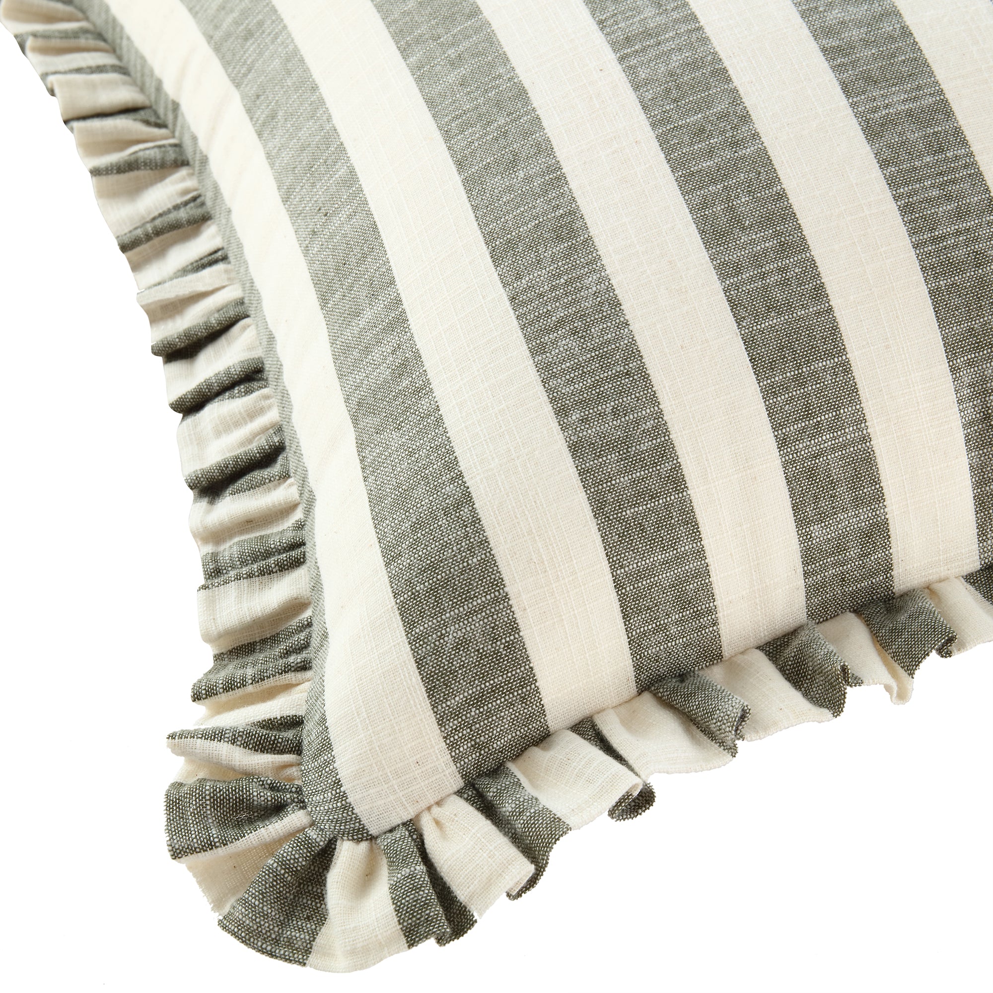 Edith Reversible Linen Blend Sage Green Striped Frill Cushion - Image 4
