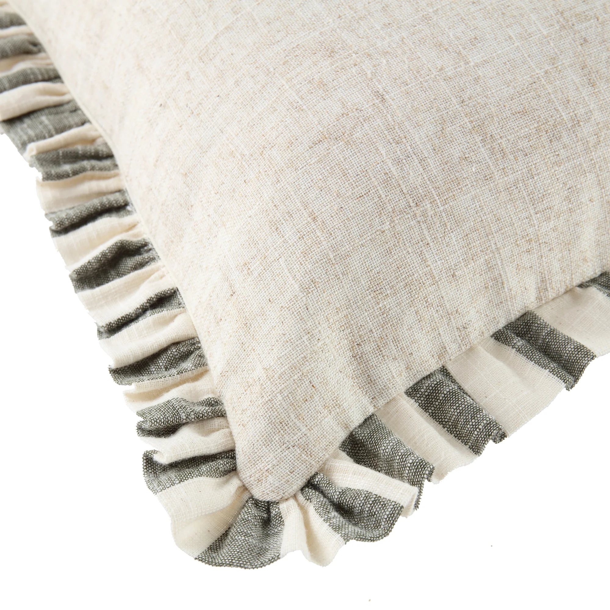 Edith Reversible Linen Blend Sage Green Striped Frill Cushion - Image 5