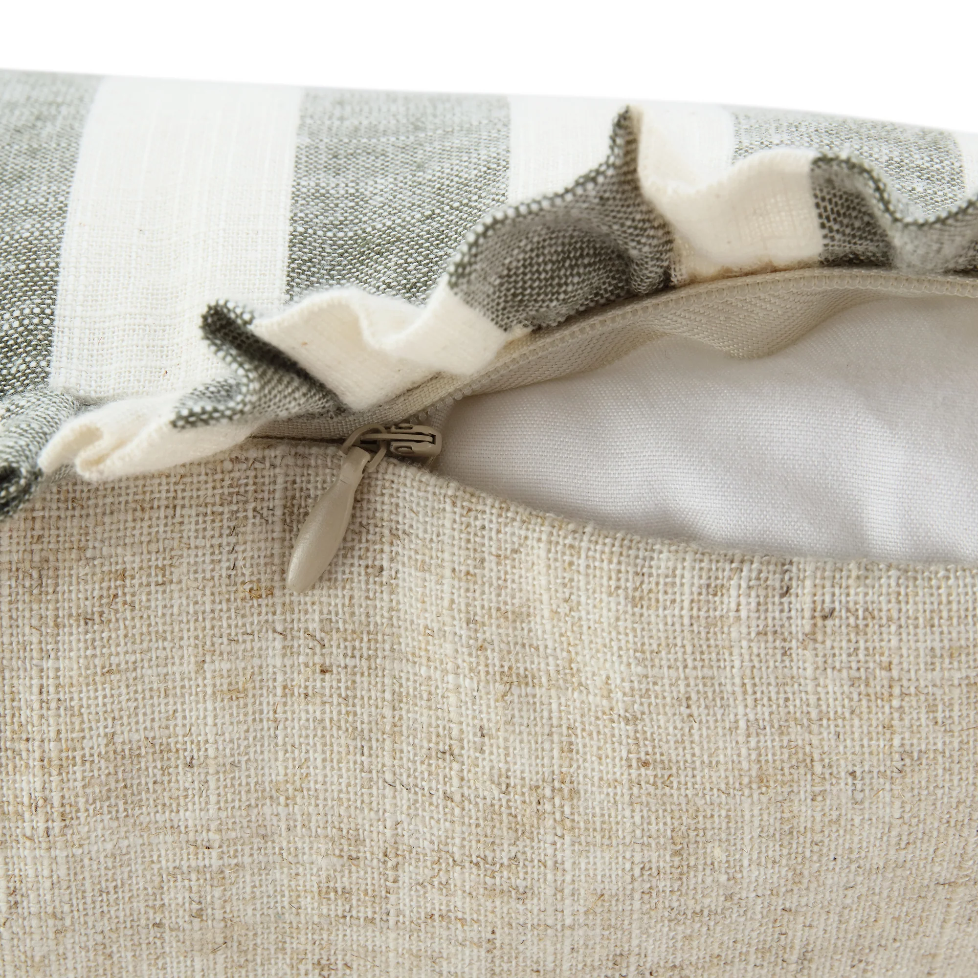 Edith Reversible Linen Blend Sage Green Striped Frill Cushion - Image 7