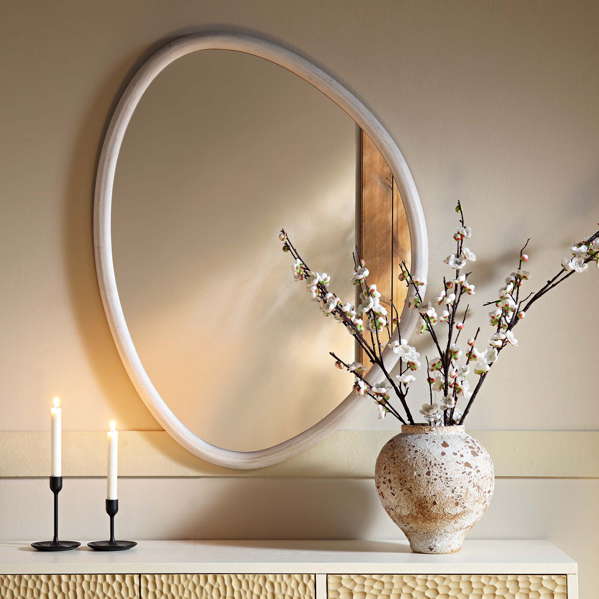 Edo Irregular Pebble Wall Wooden Mirror 100 x 76 cm, Washed White - Image 3