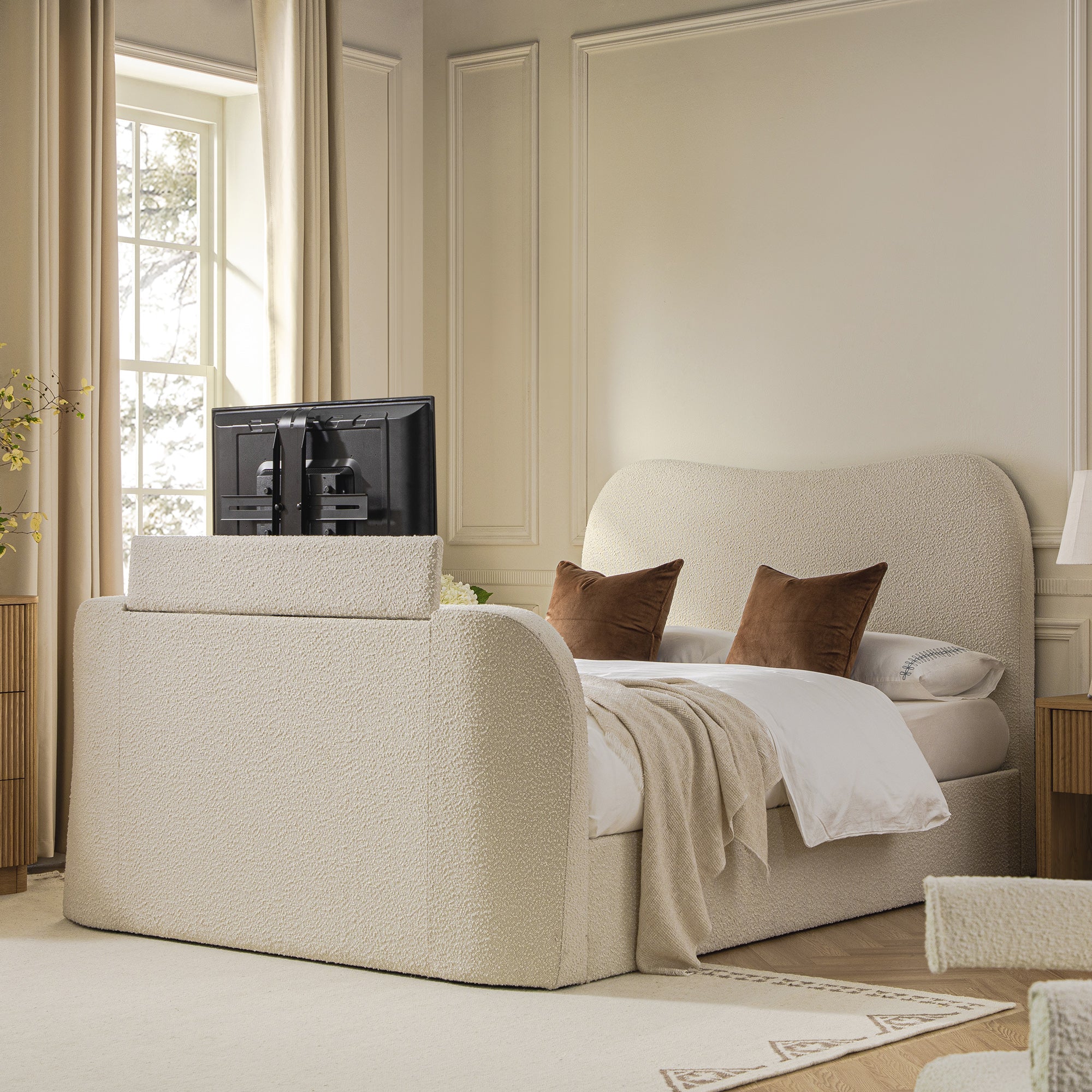Egerie Curved Headboard Beige Boucle Ottoman TV Bed - Image 2