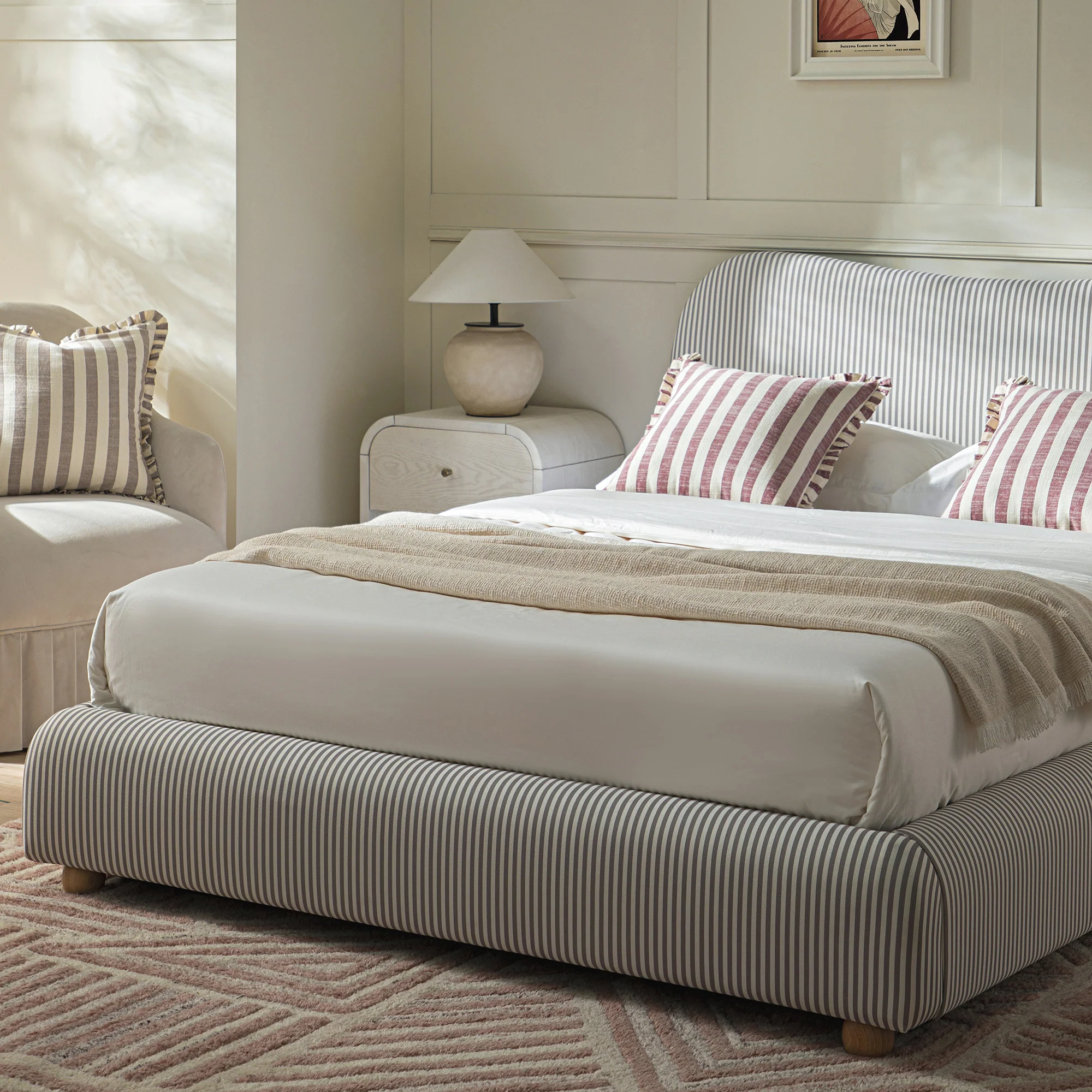 Egerie Curved Headboard Light Taupe Striped Fabric Ottoman Storage Bed - Image 4
