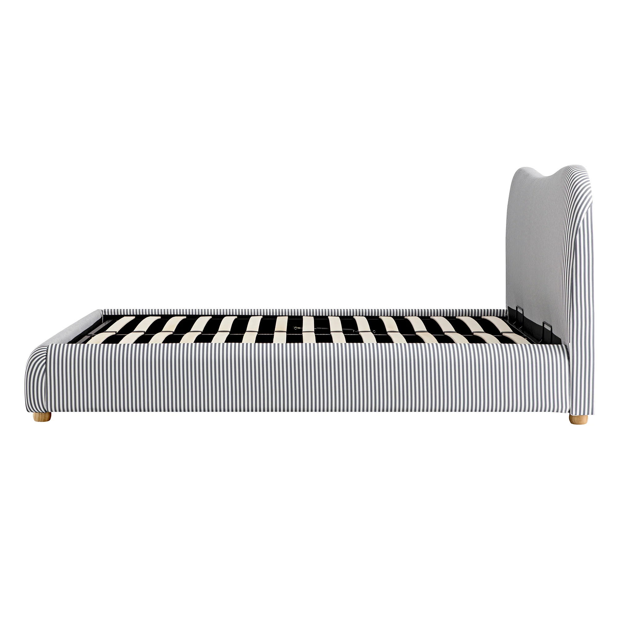 Egerie Curved Headboard Slate Blue Striped Fabric Ottoman Storage Bed - Image 12