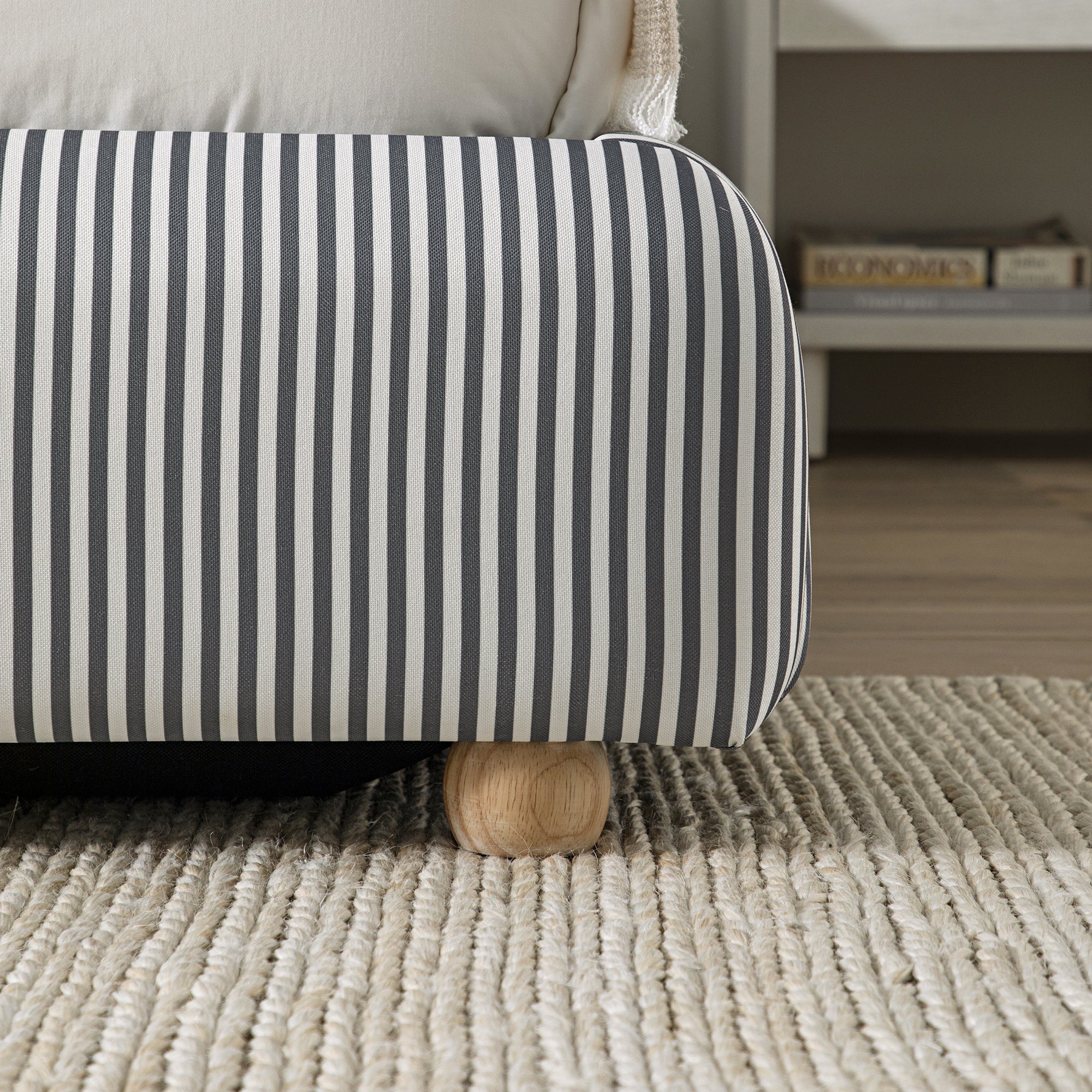 Egerie Curved Headboard Slate Blue Striped Fabric Ottoman Storage Bed - Image 6
