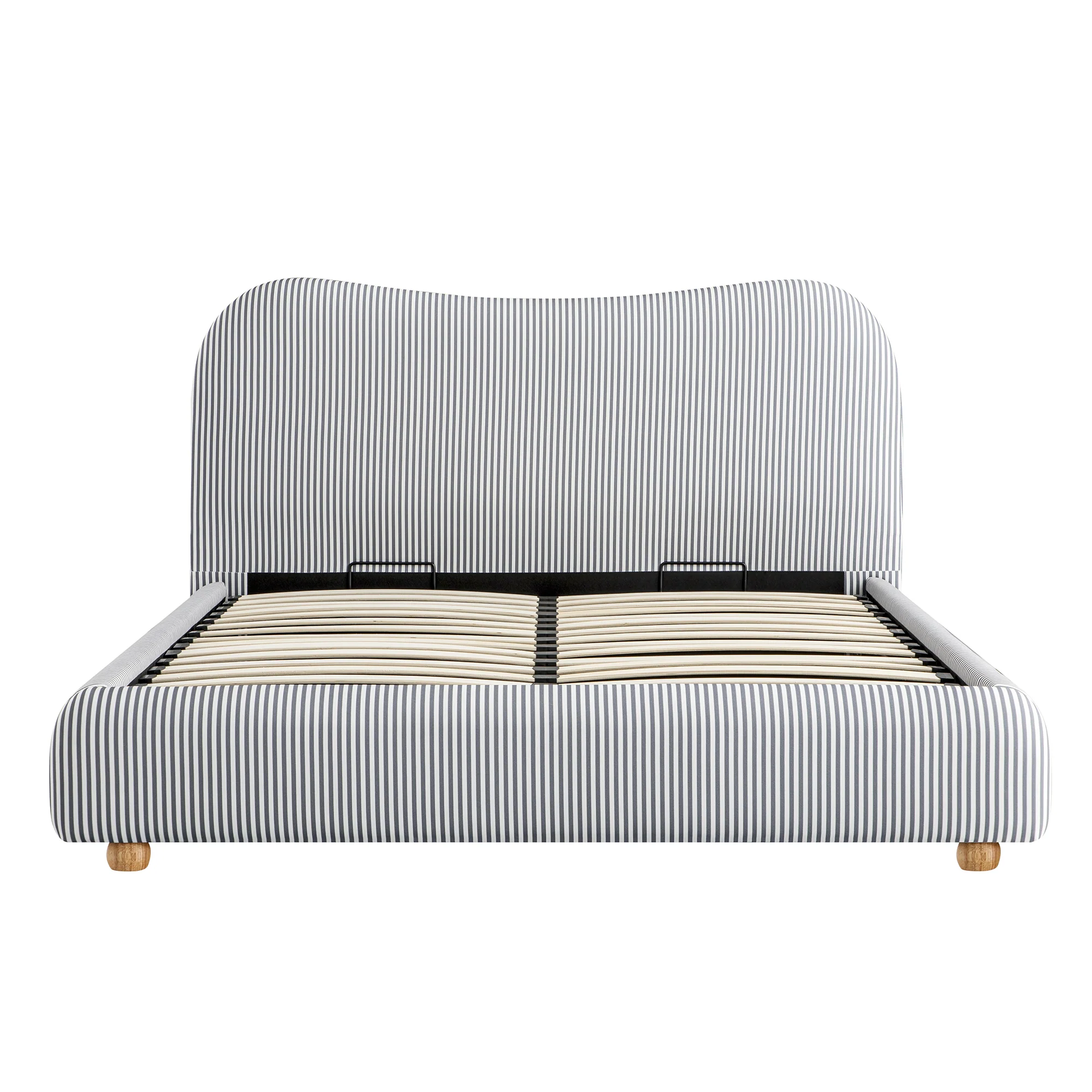 Egerie Curved Headboard Slate Blue Striped Fabric Ottoman Storage Bed - Image 7