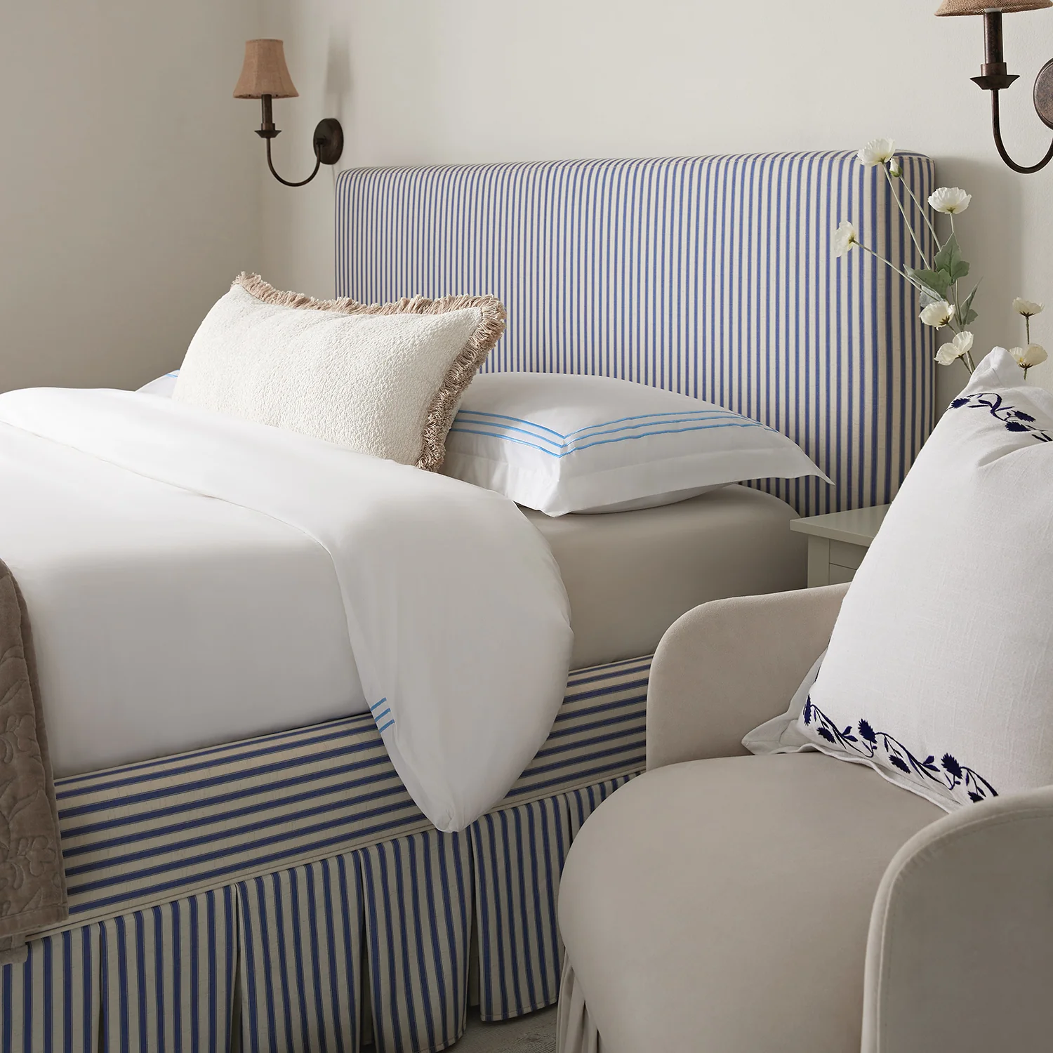 Egerton Box-Pleat Ottoman Storage Bed, Blue Striped Linen - Image 4