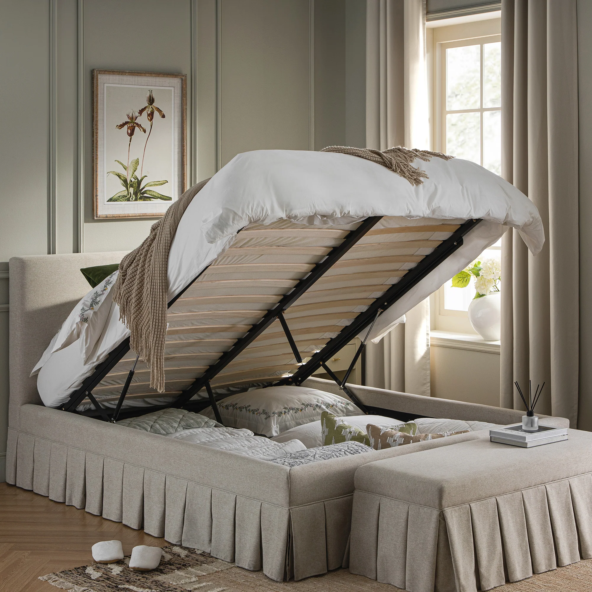 Egerton Box-Pleat Ottoman Storage Bed, Oatmeal Brushed Fabric - Image 3