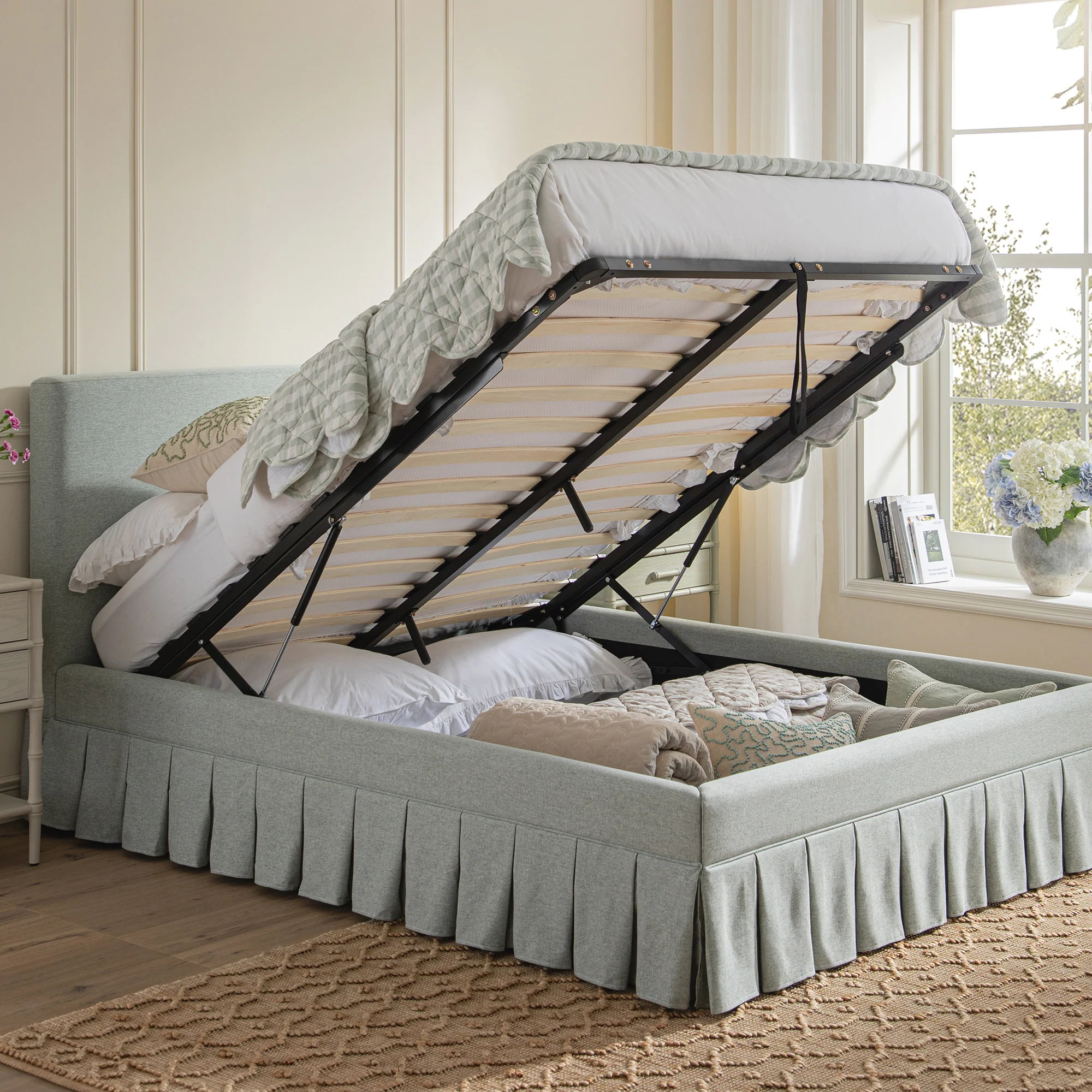 Egerton Box-Pleat Ottoman Storage Bed, Pale Aqua Brushed Fabric - Image 3
