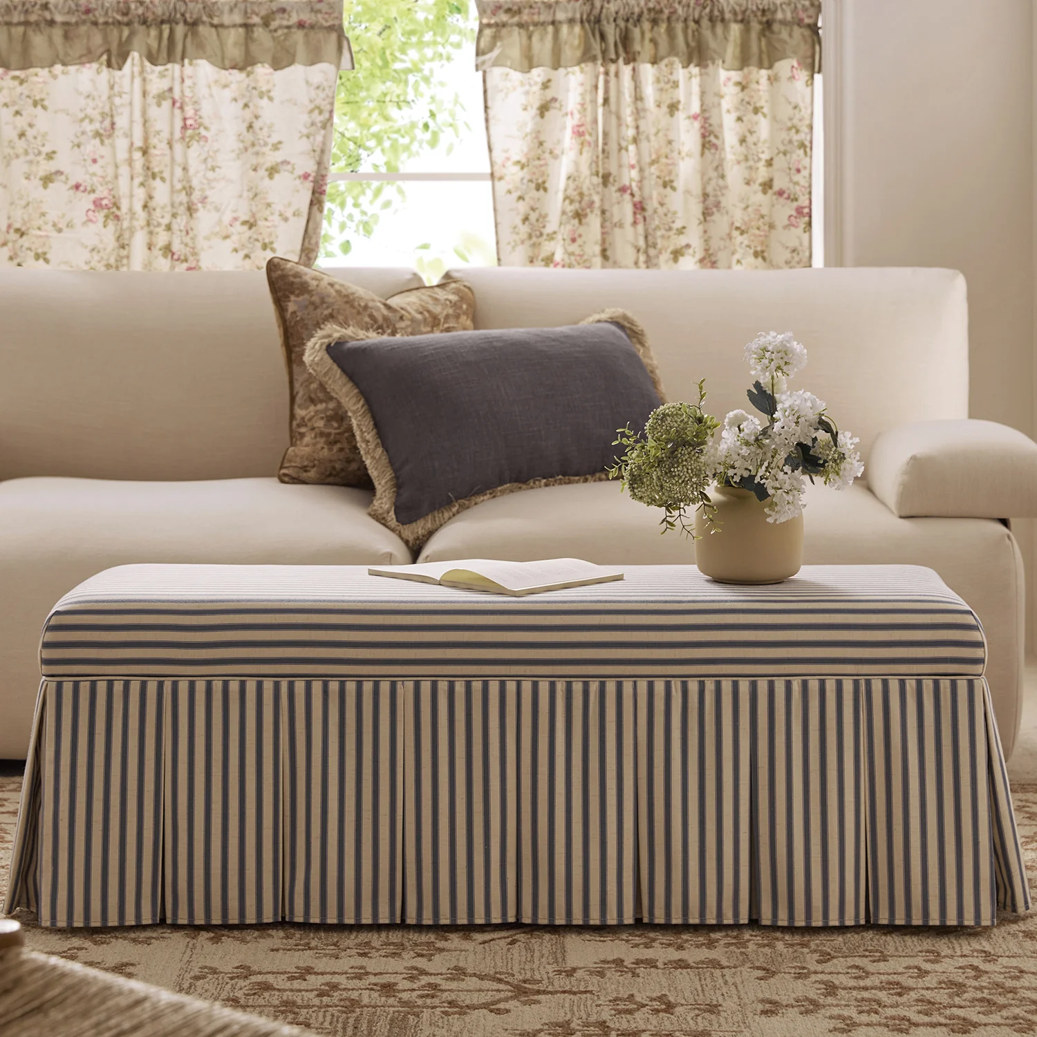 Egerton Box-Pleat Storage Bench, Blue Striped Linen - Image 2