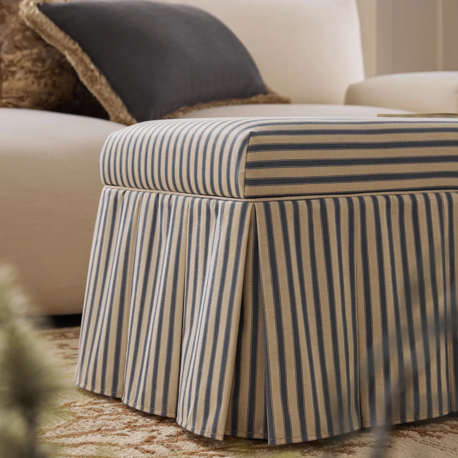 Egerton Box-Pleat Storage Bench, Blue Striped Linen - Image 6