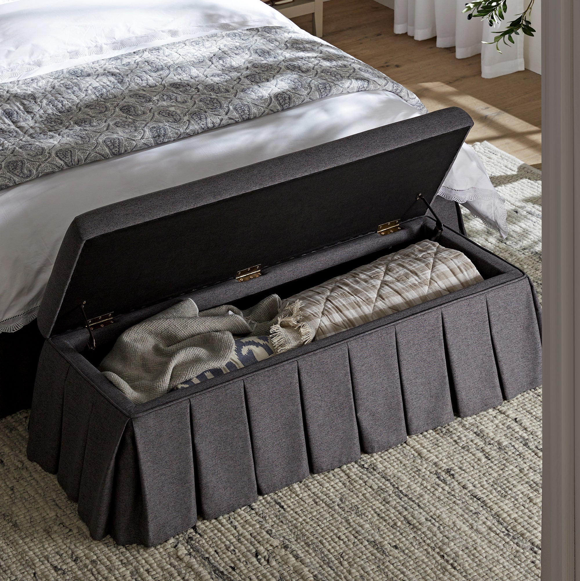Egerton Box-Pleat Storage Bench, Charcoal Brushed Fabric - Image 4