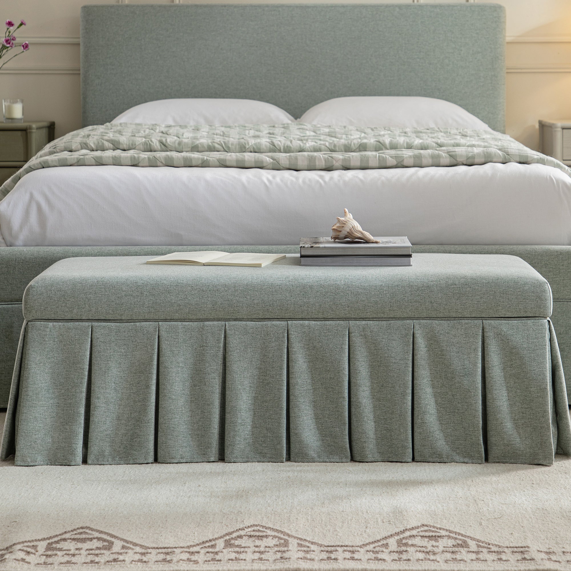 Egerton Box-Pleat Storage Bench, Pale Aqua Brushed Fabric - Image 2