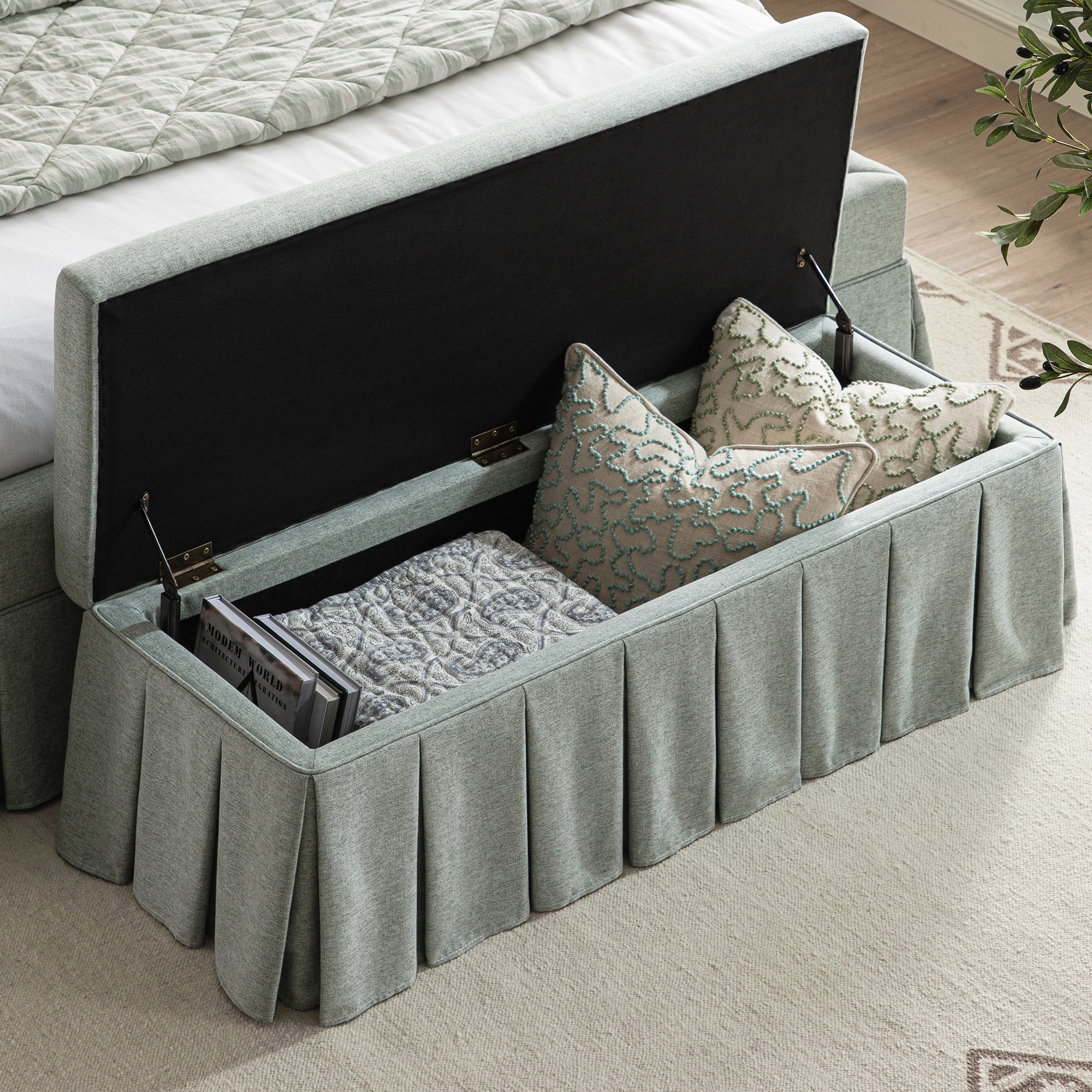Egerton Box-Pleat Storage Bench, Pale Aqua Brushed Fabric - Image 4