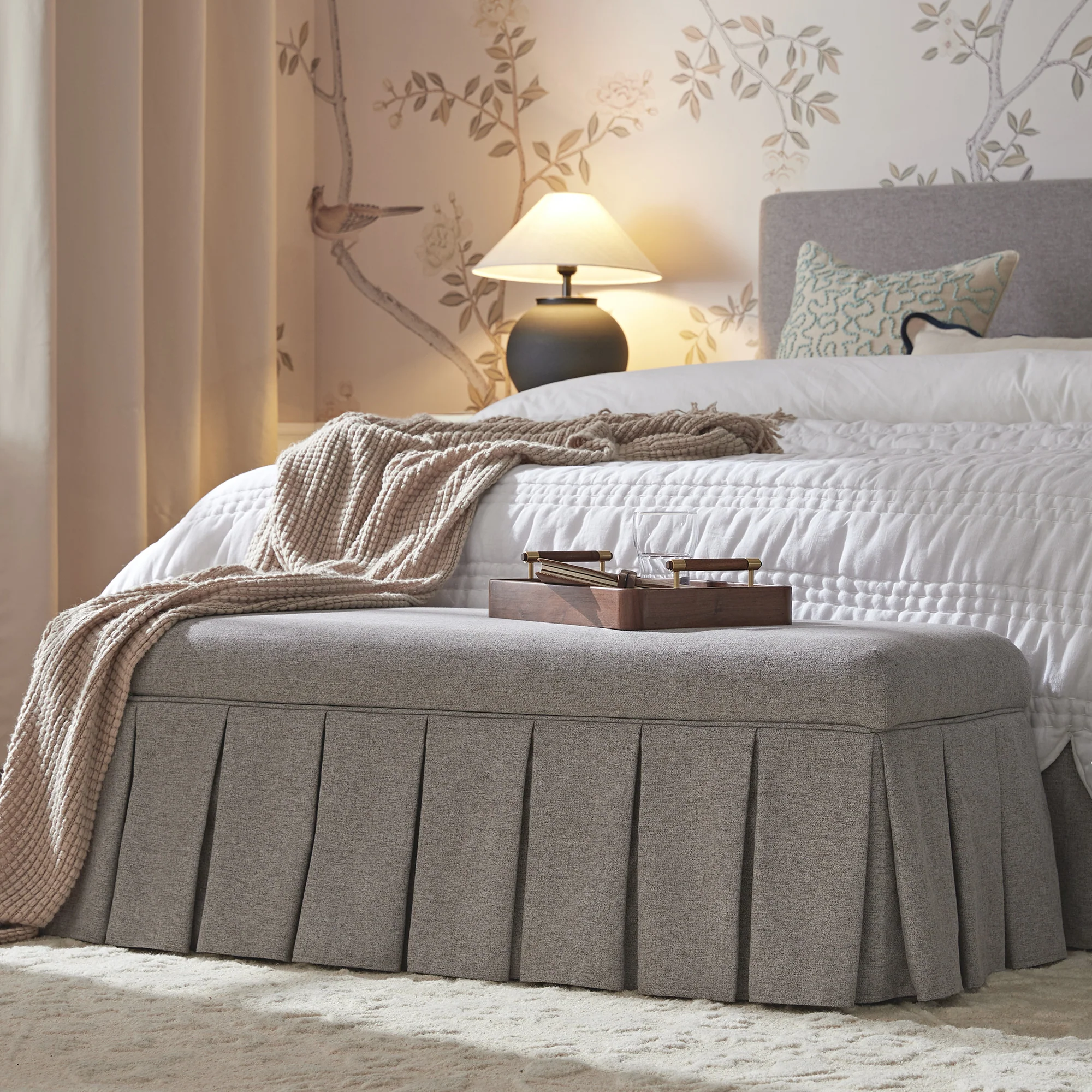 Egerton Box-Pleat Storage Bench, Stone Brushed Fabric - Image 2