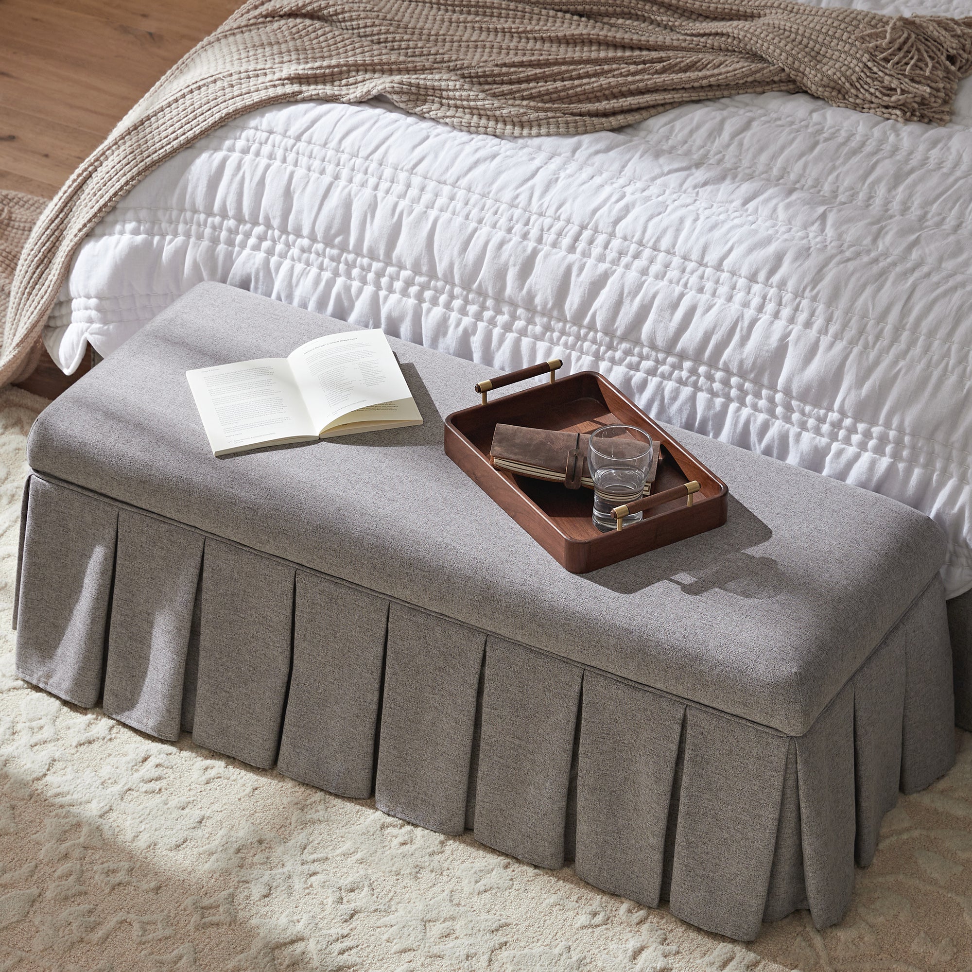 Egerton Box-Pleat Storage Bench, Stone Brushed Fabric - Image 3