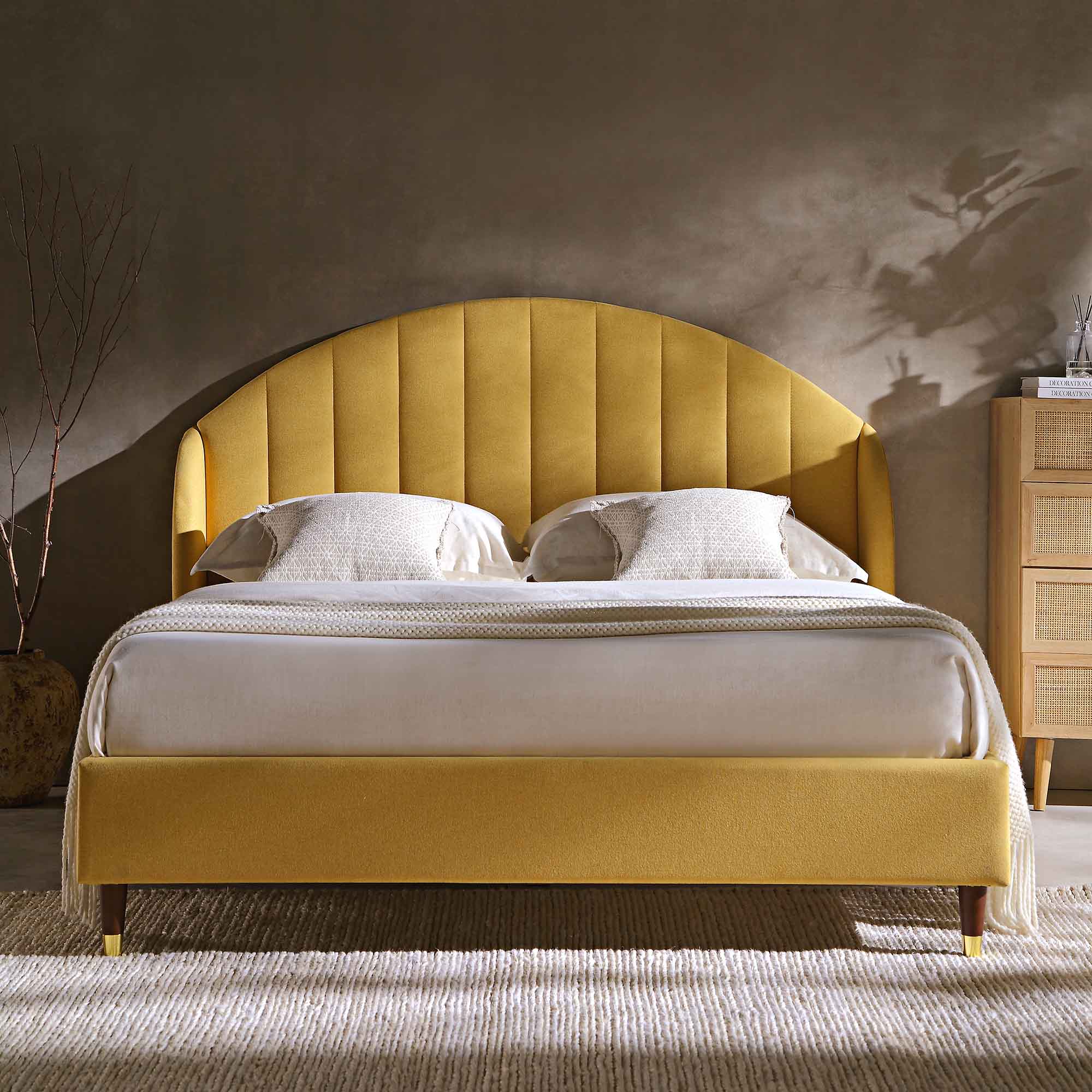 Eleanor Sunflower Yellow Fabric Upholstered Bed Frame with Domed Headboard - Image 2