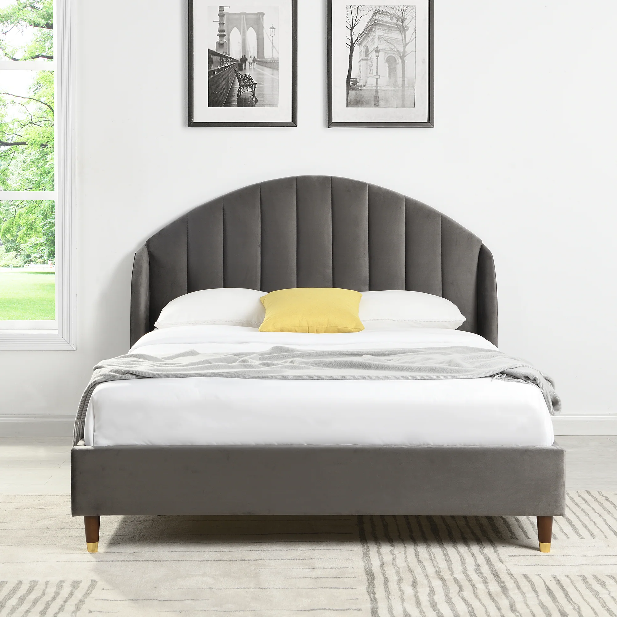 Eleanor Grey Velvet Upholstered Bed Frame with Domed Headboard - Image 2