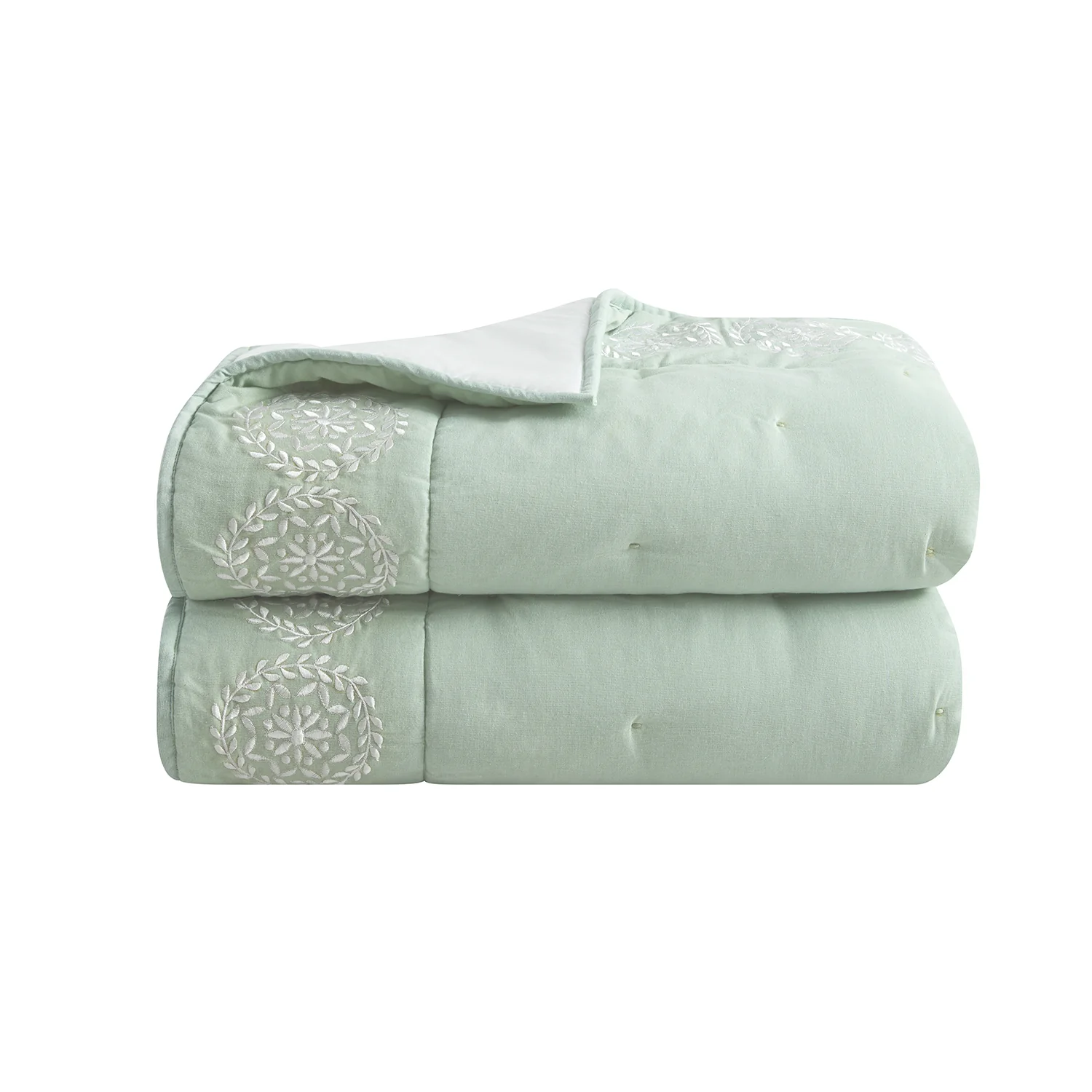 Elodie Seafoam Green Floral Embroidered Quilted Linen Blend Bedspread - Image 2